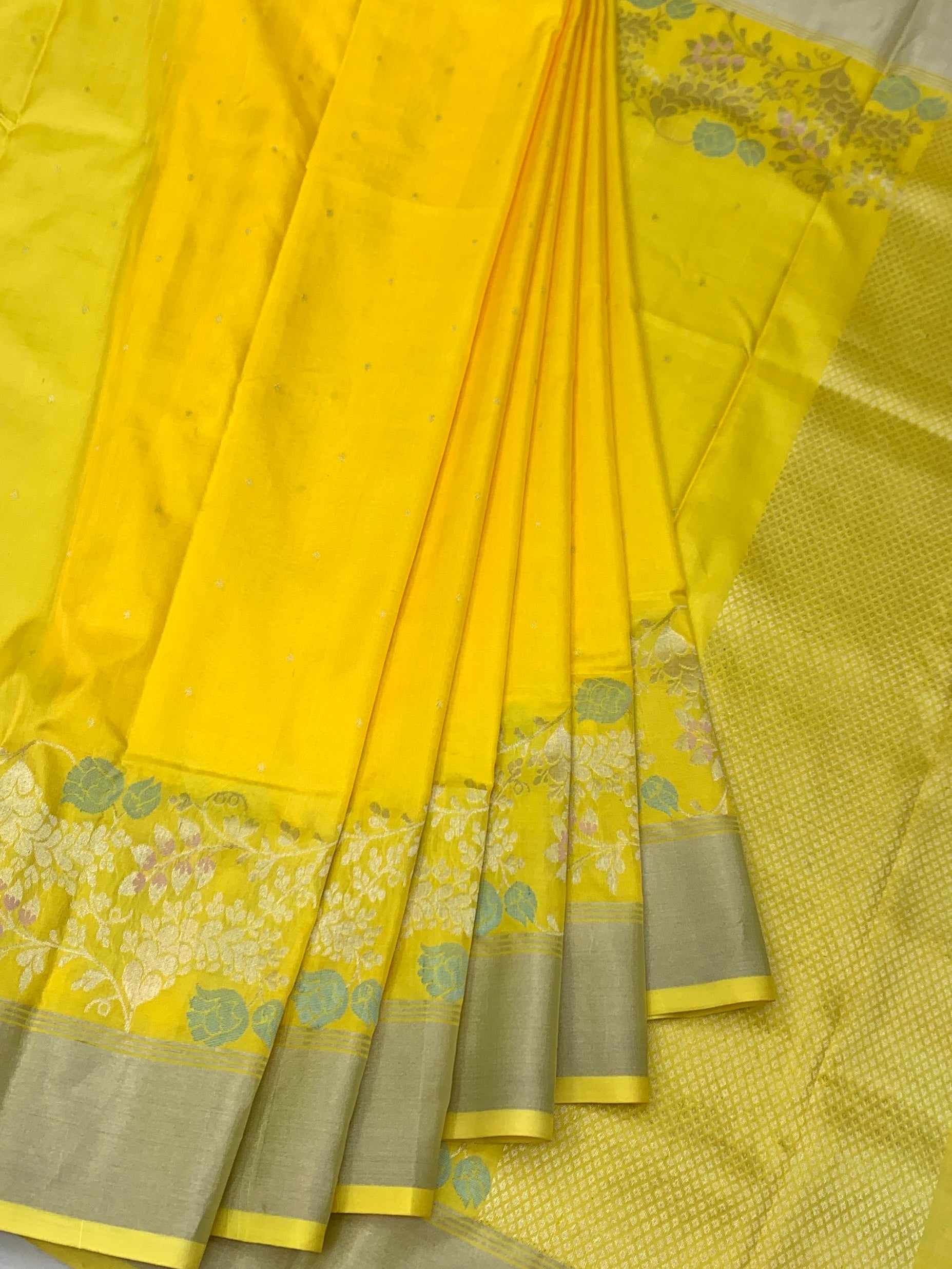 Radiant Sunshine Yellow Chanderi Silk Saree with Floral Silver Zari