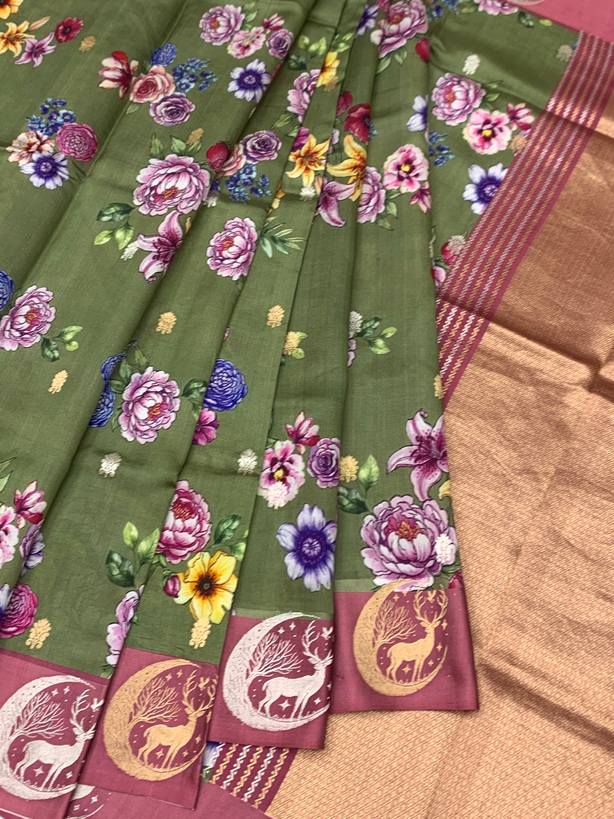 Floral Moss Green Printed Raw Mango Silk Saree