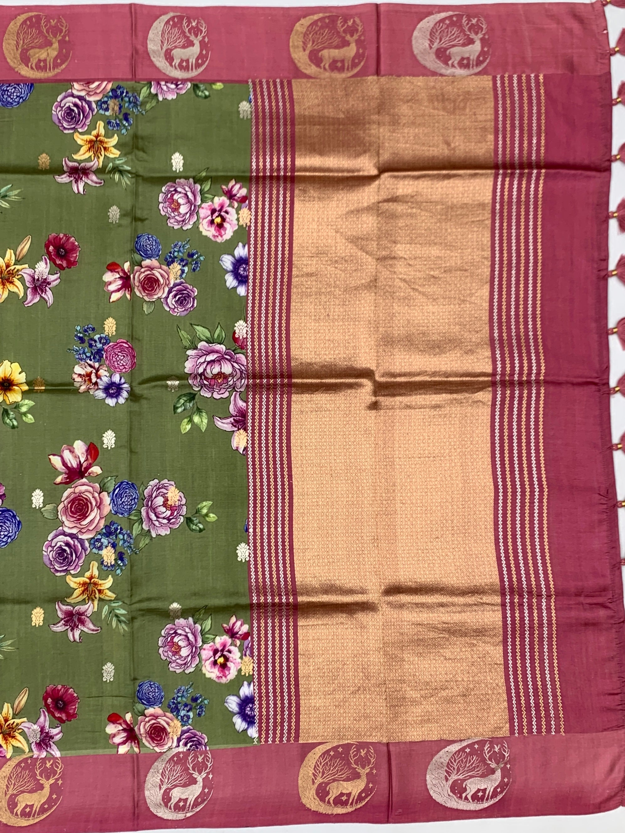 Floral Moss Green Printed Raw Mango Silk Saree