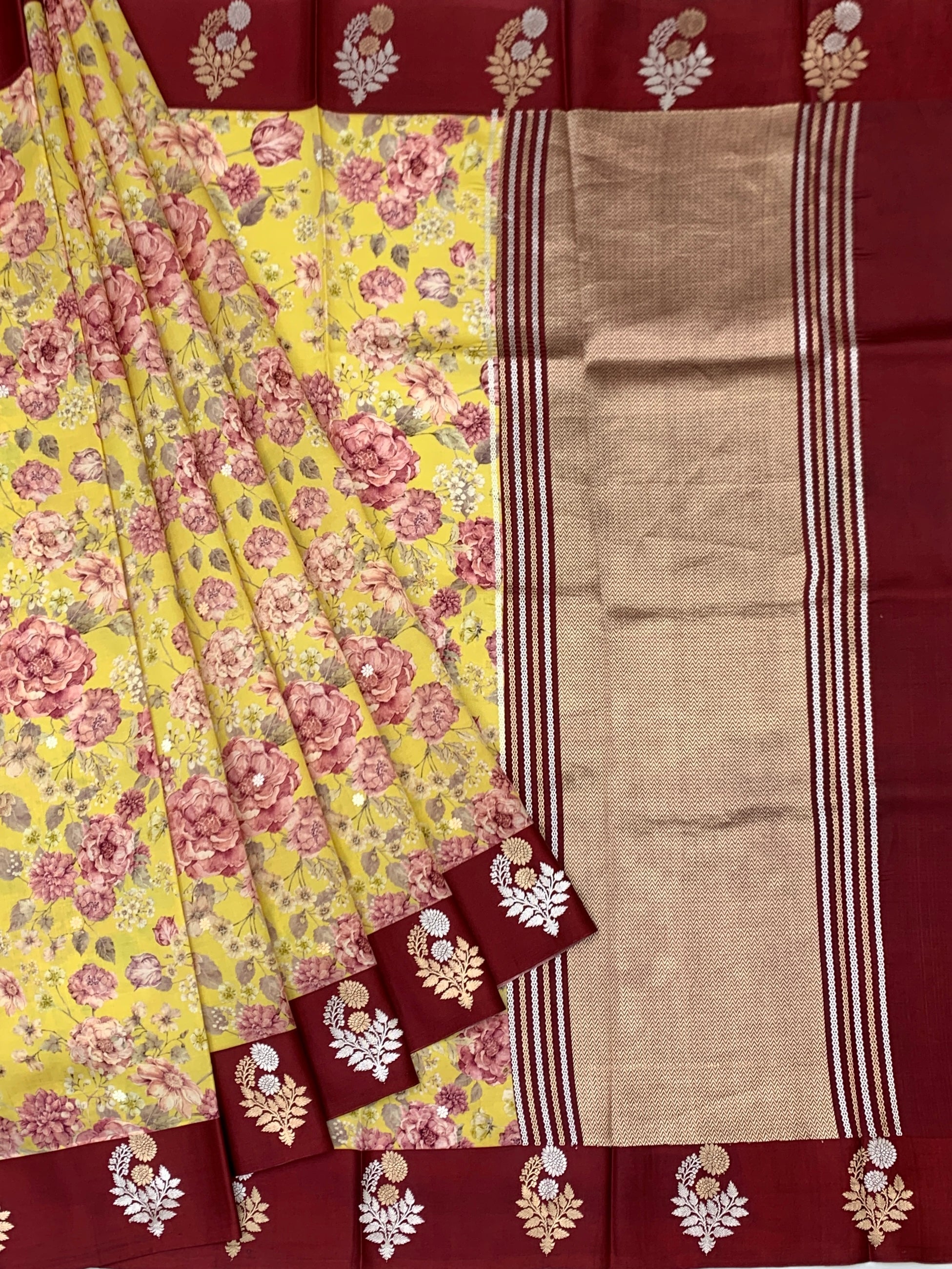 Printed Raw Mango Silk Saree with Contrast Border