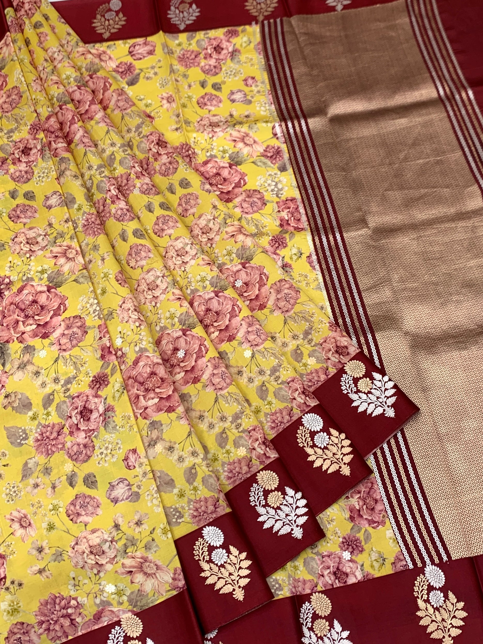 Printed Raw Mango Silk Saree with Contrast Border