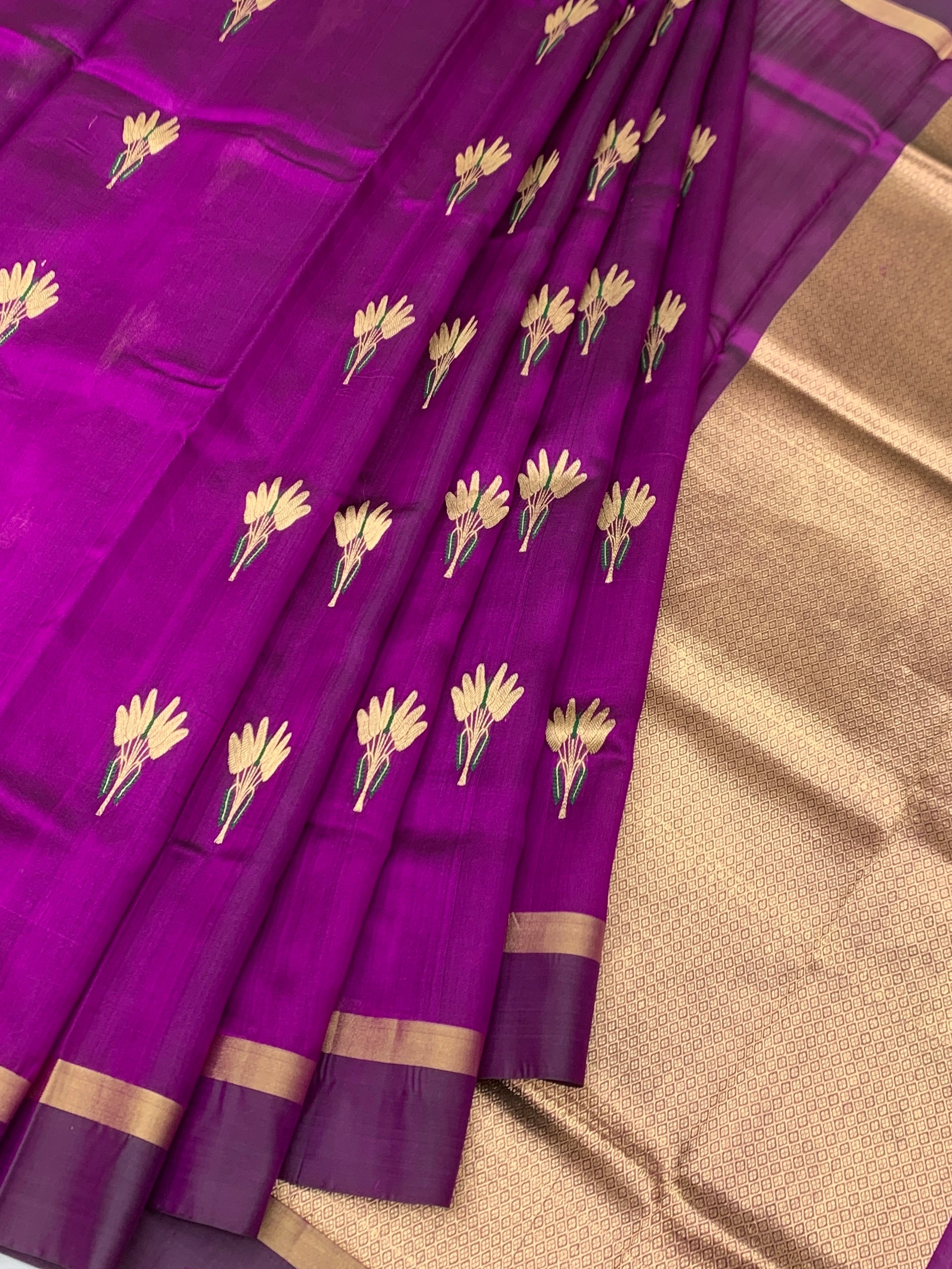 Regal Purple Chanderi Silk Saree with Gold Floral Motifs