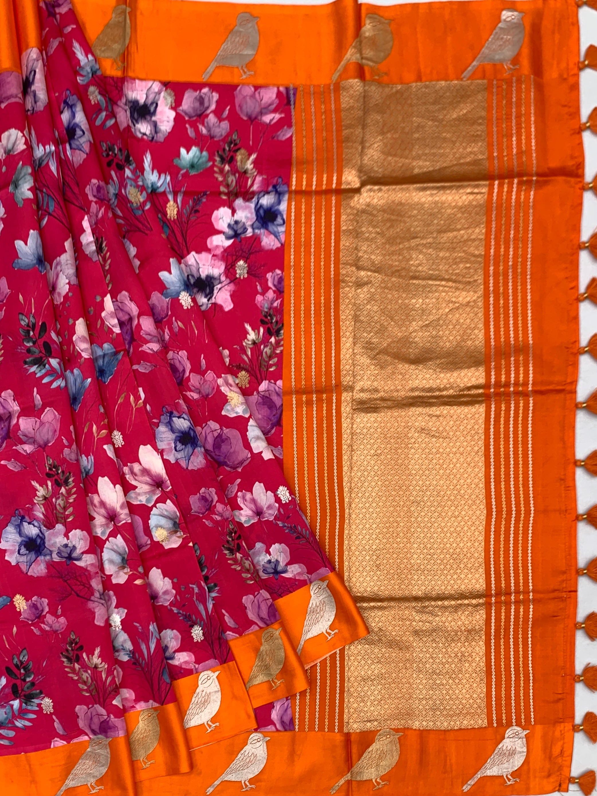 Printed Raw Mango Silk Saree with Bird Motif Borders