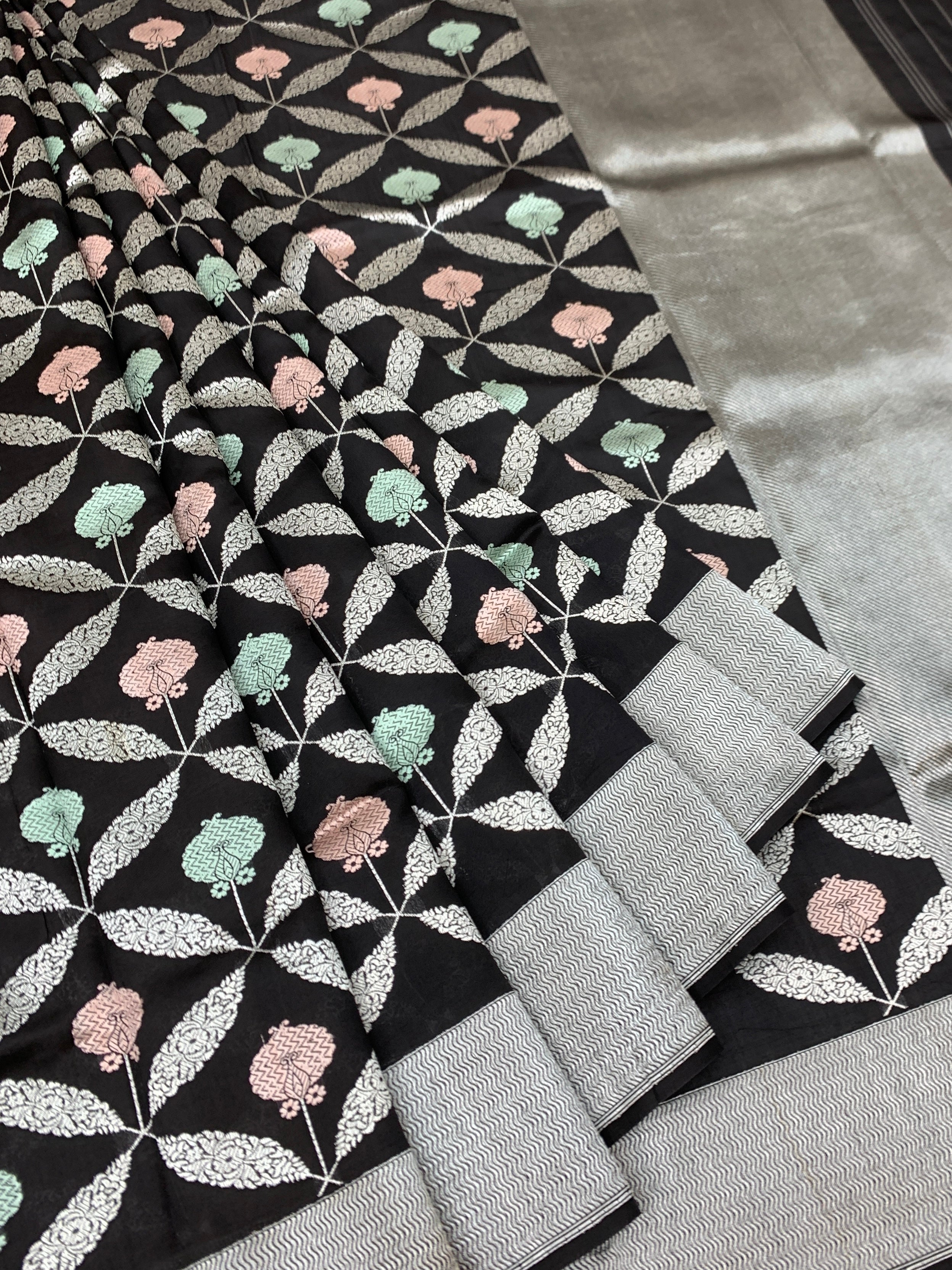 Midnight Bloom: Handcrafted Black Chanderi Silk Saree