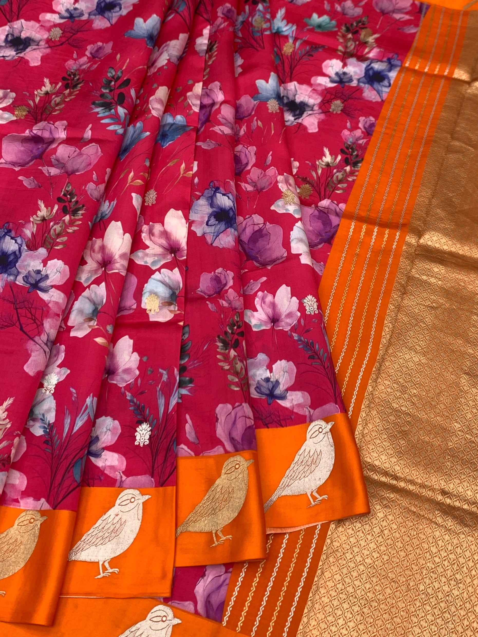 Printed Raw Mango Silk Saree with Bird Motif Borders
