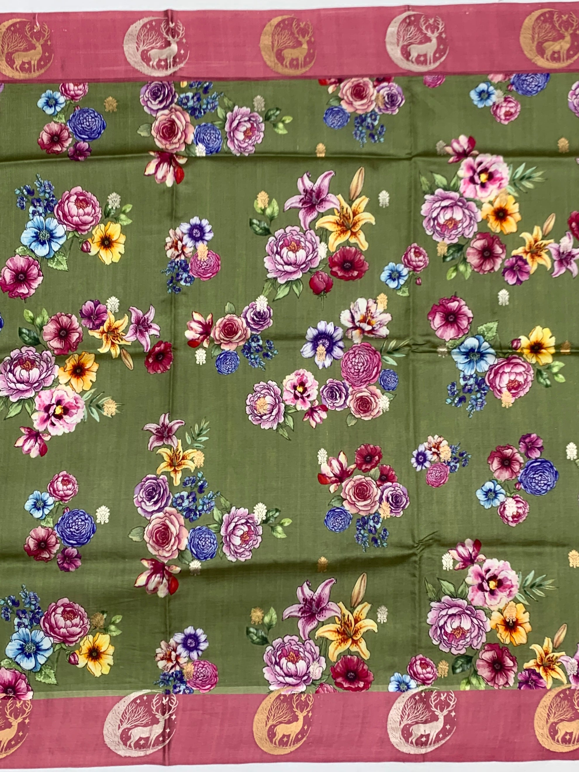 Floral Moss Green Printed Raw Mango Silk Saree