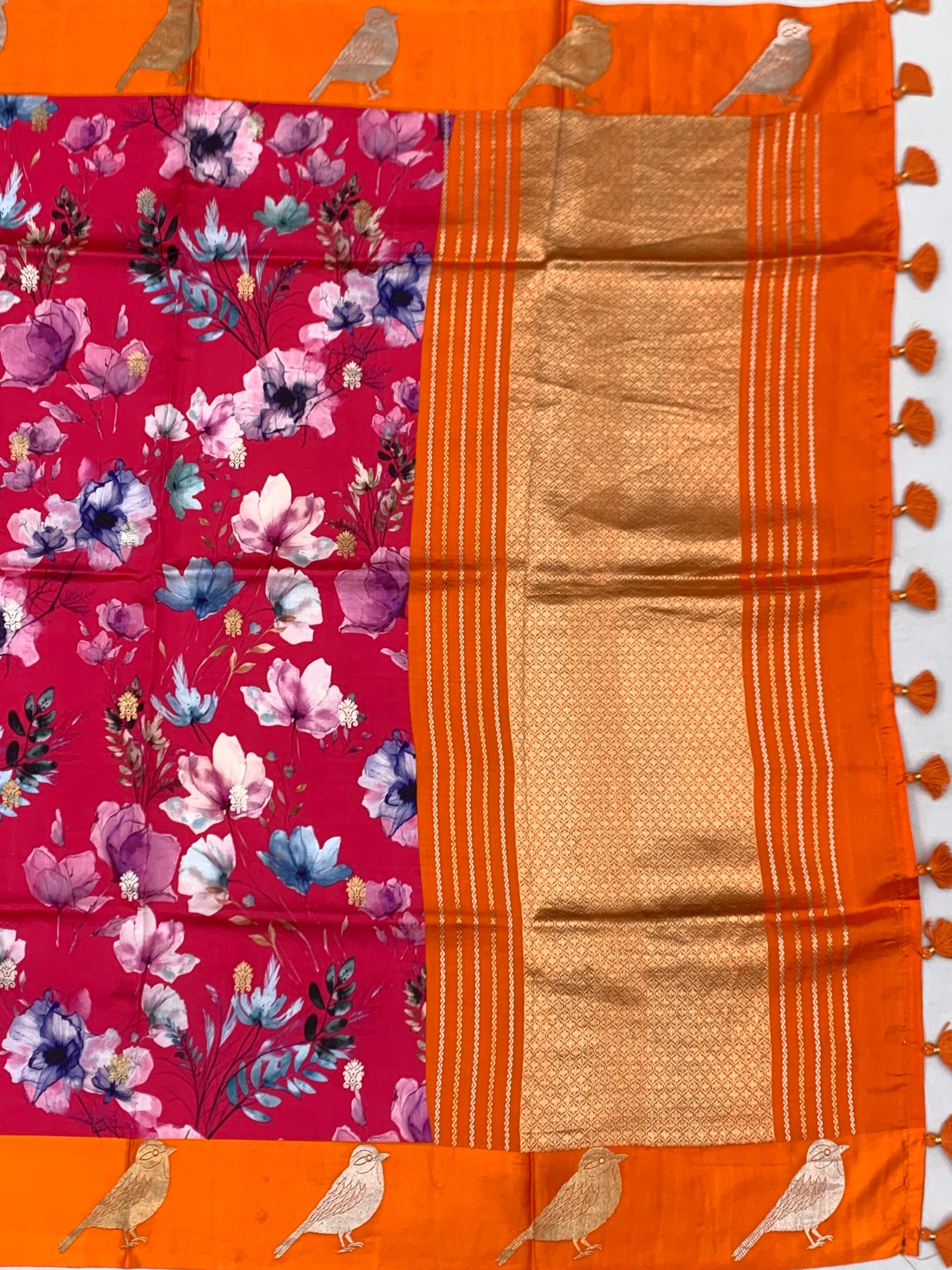 Printed Raw Mango Silk Saree with Bird Motif Borders