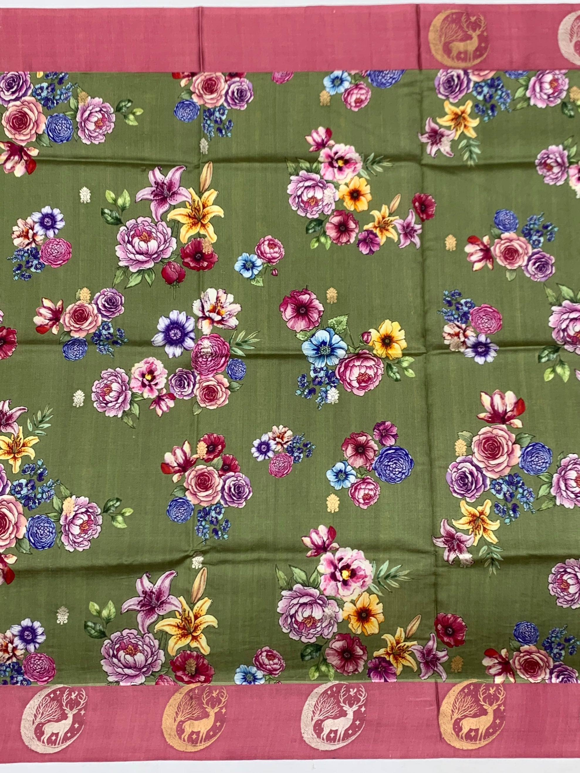 Floral Moss Green Printed Raw Mango Silk Saree