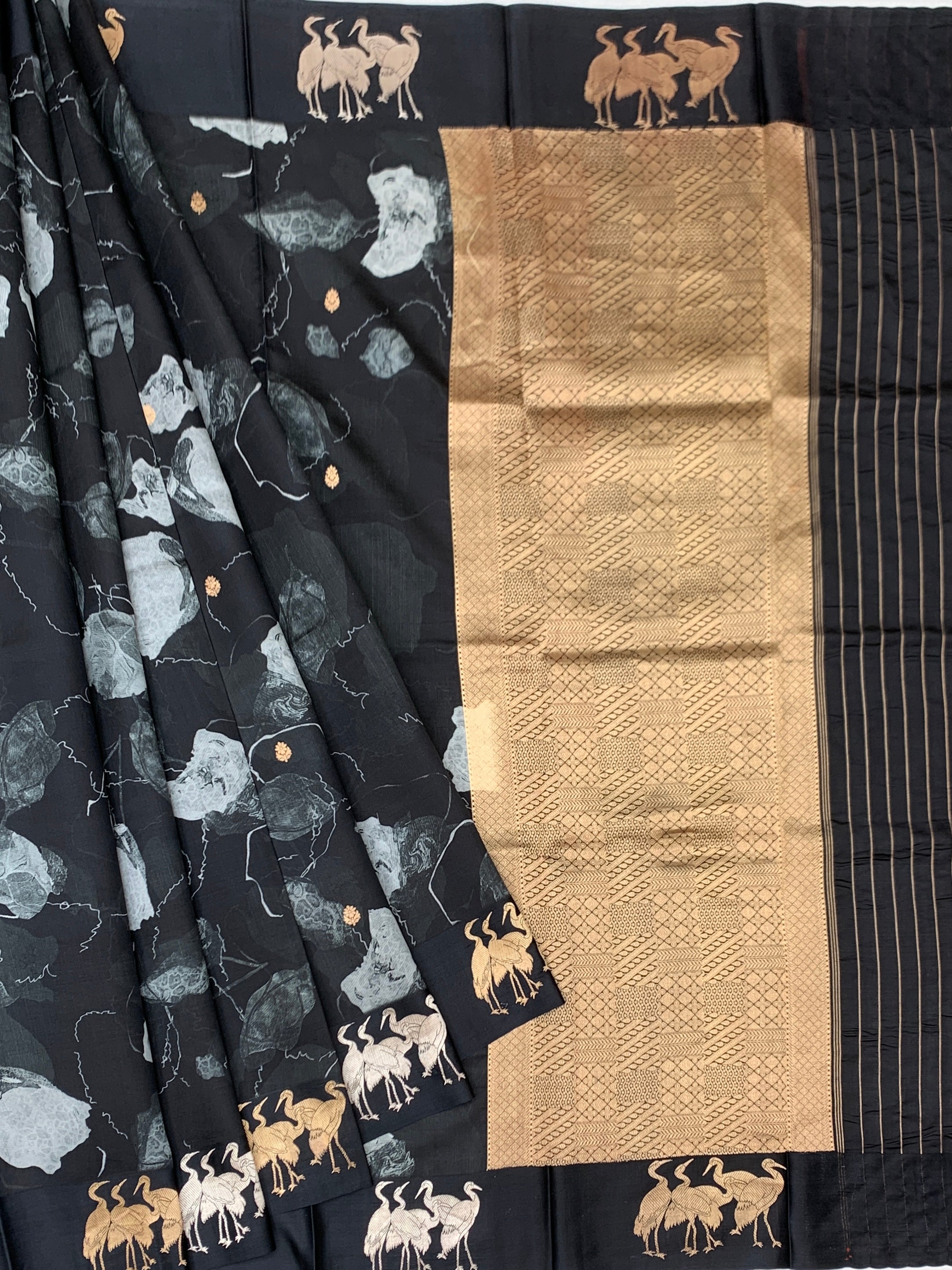 Charcoal Black Printed Raw Mango Silk Saree