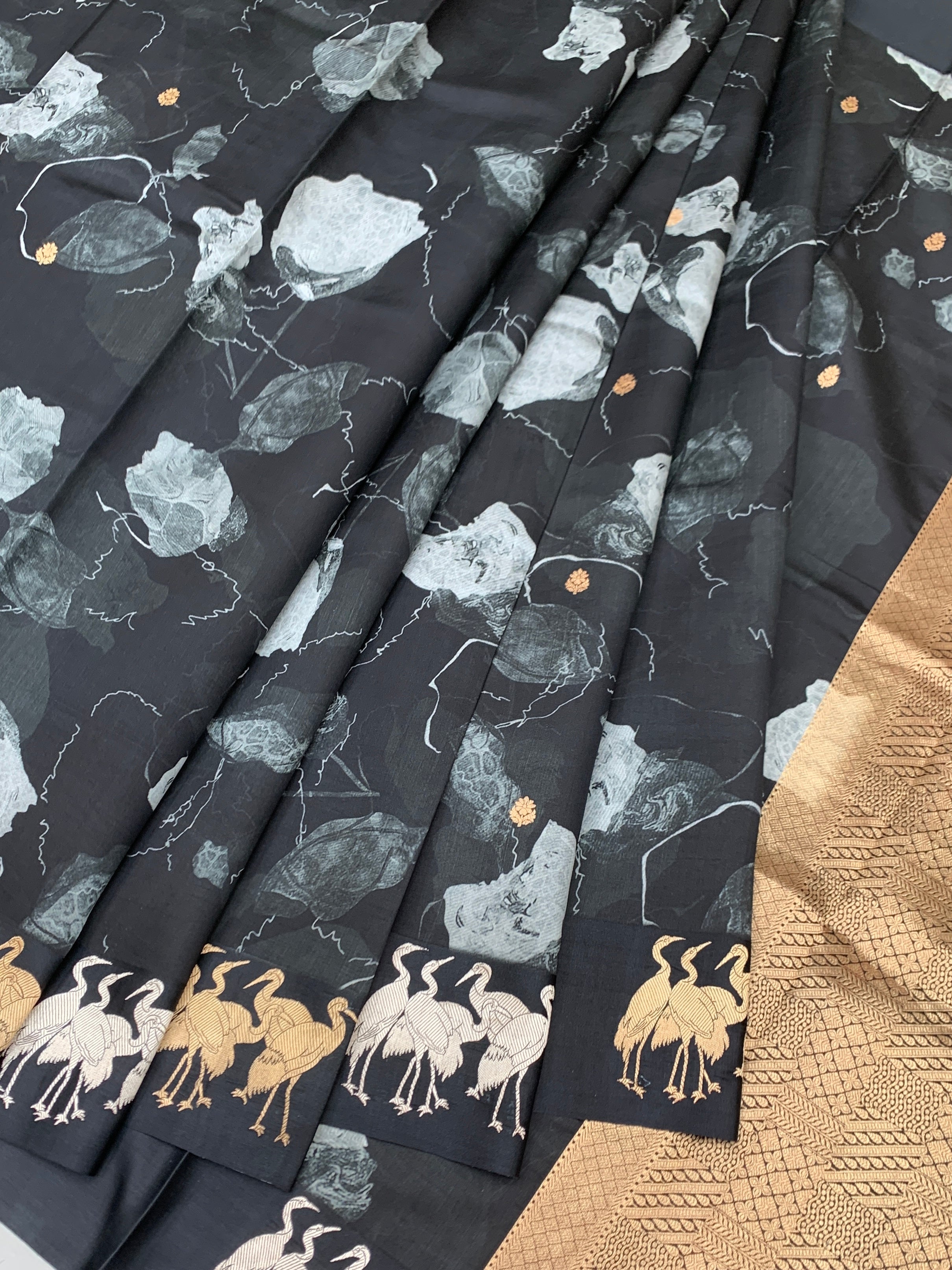 Charcoal Black Printed Raw Mango Silk Saree