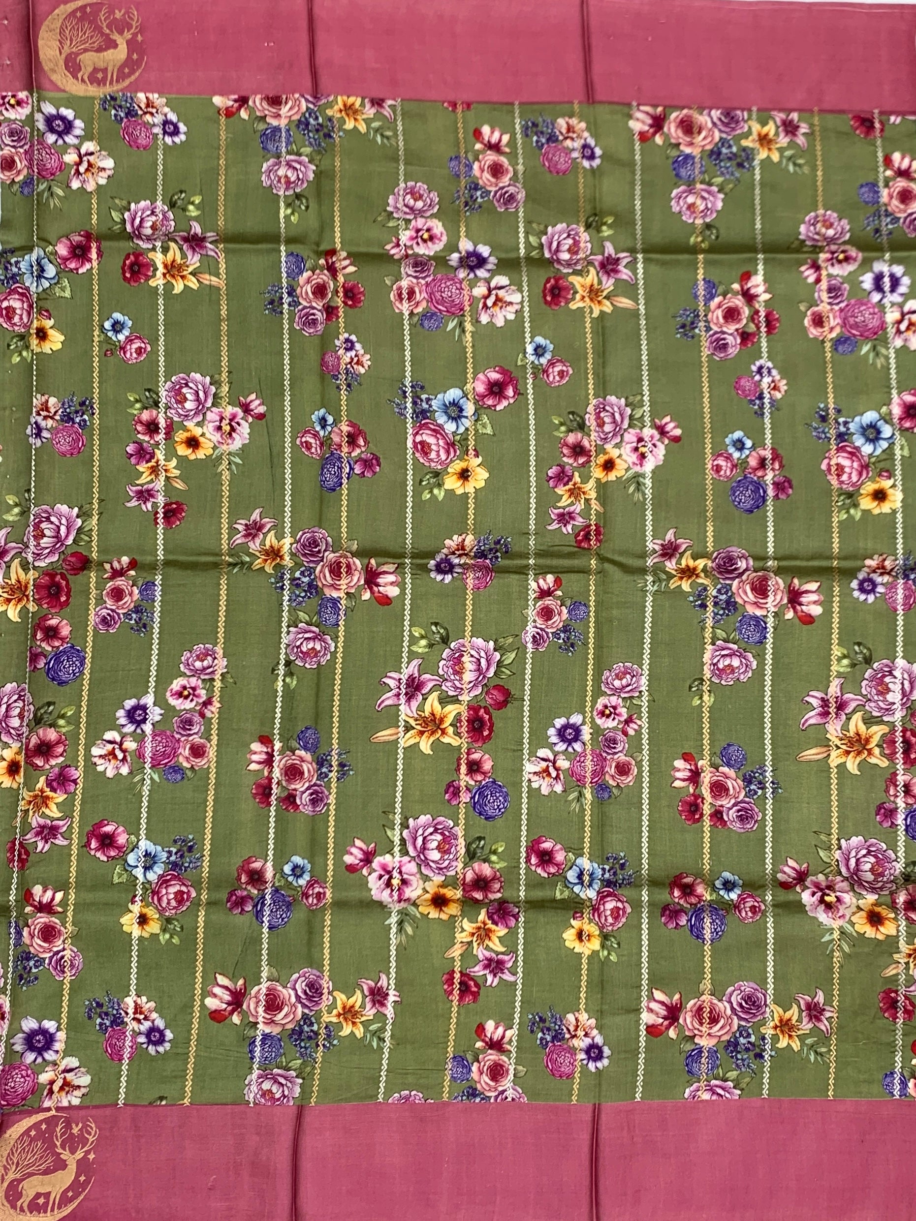 Floral Moss Green Printed Raw Mango Silk Saree
