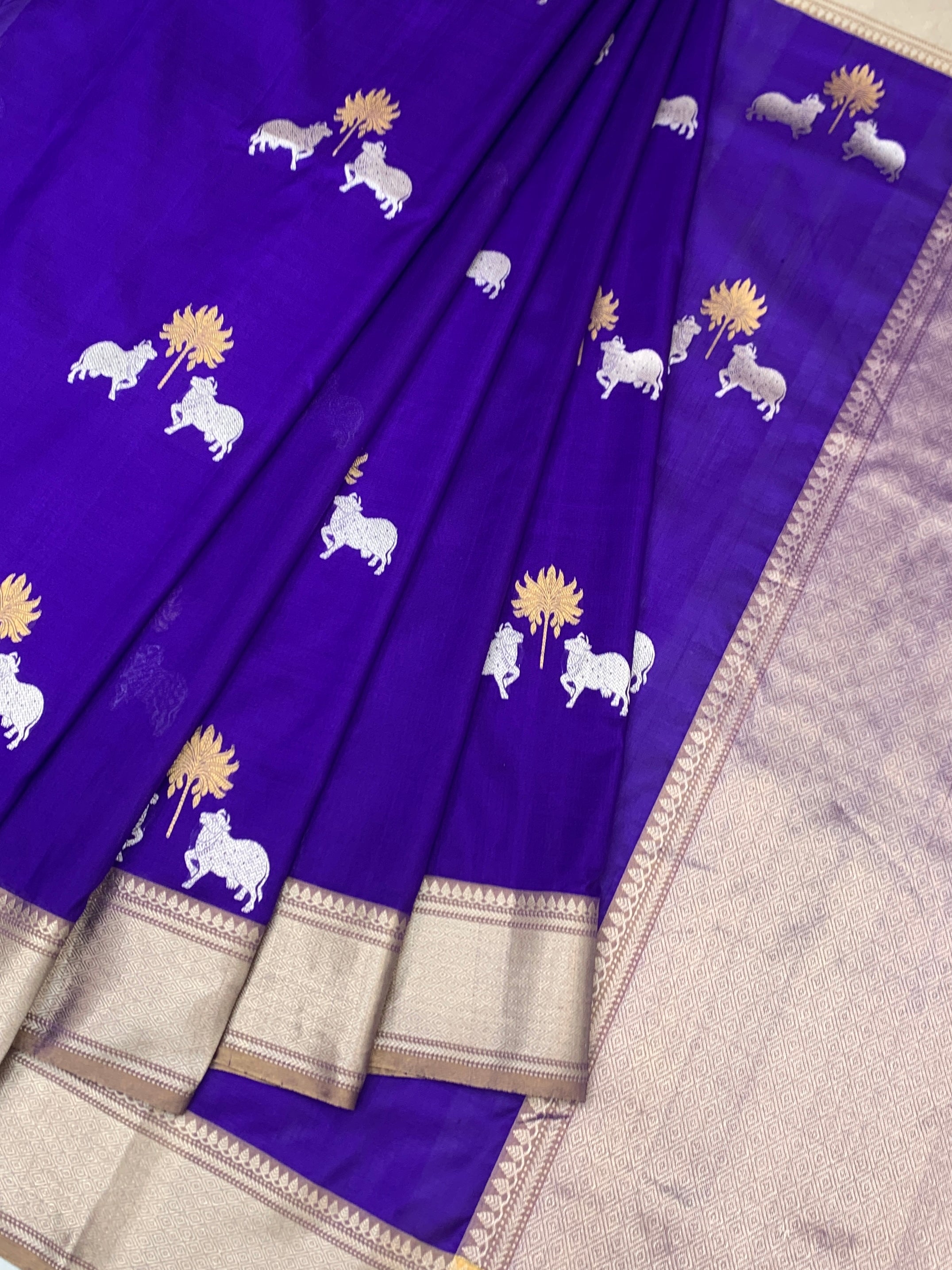 Deep Violet Chanderi Silk Saree with Pichwai-Inspired Butis