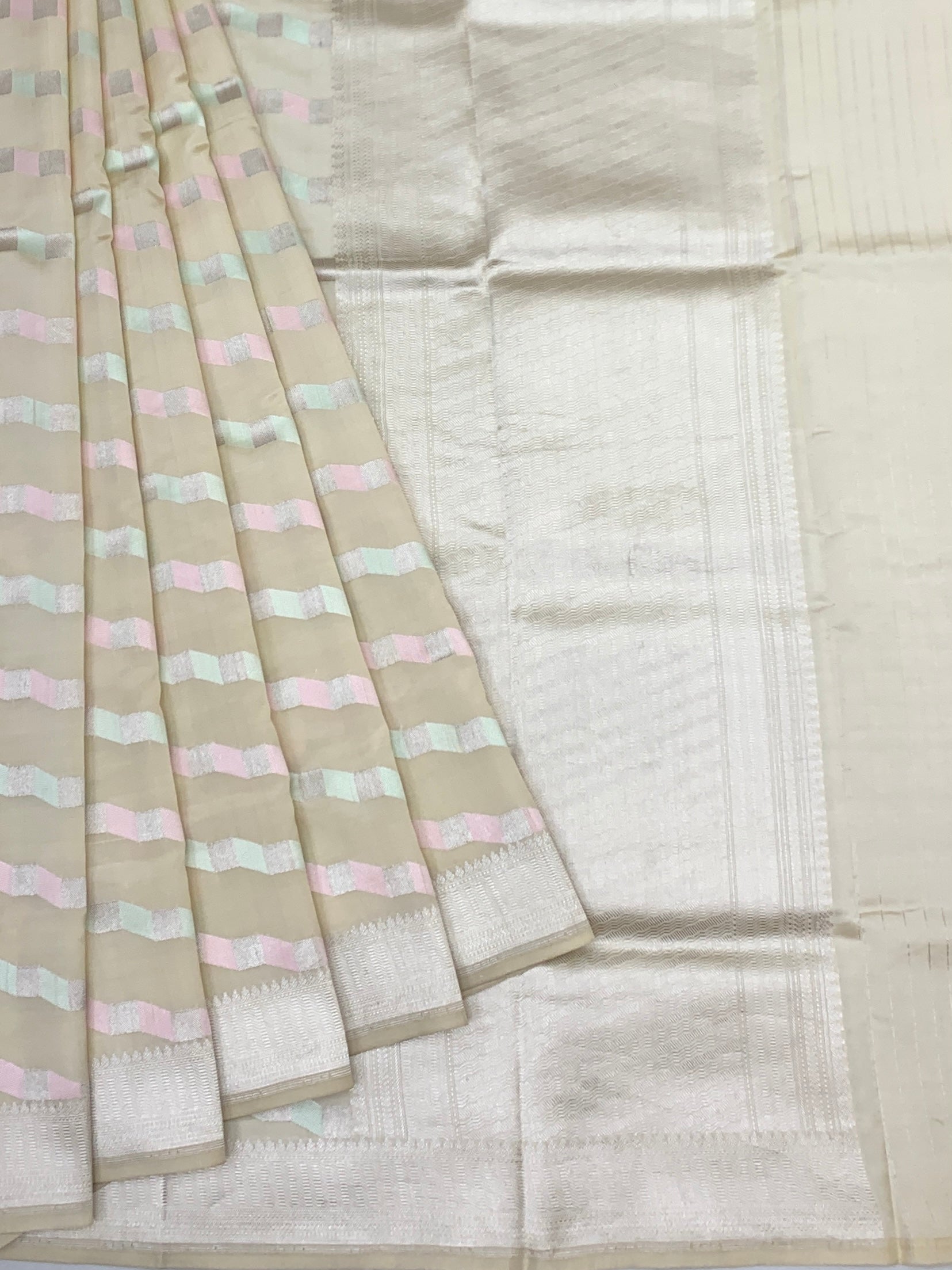 Cream Chanderi Silk Saree with Pastel Chevron Accents