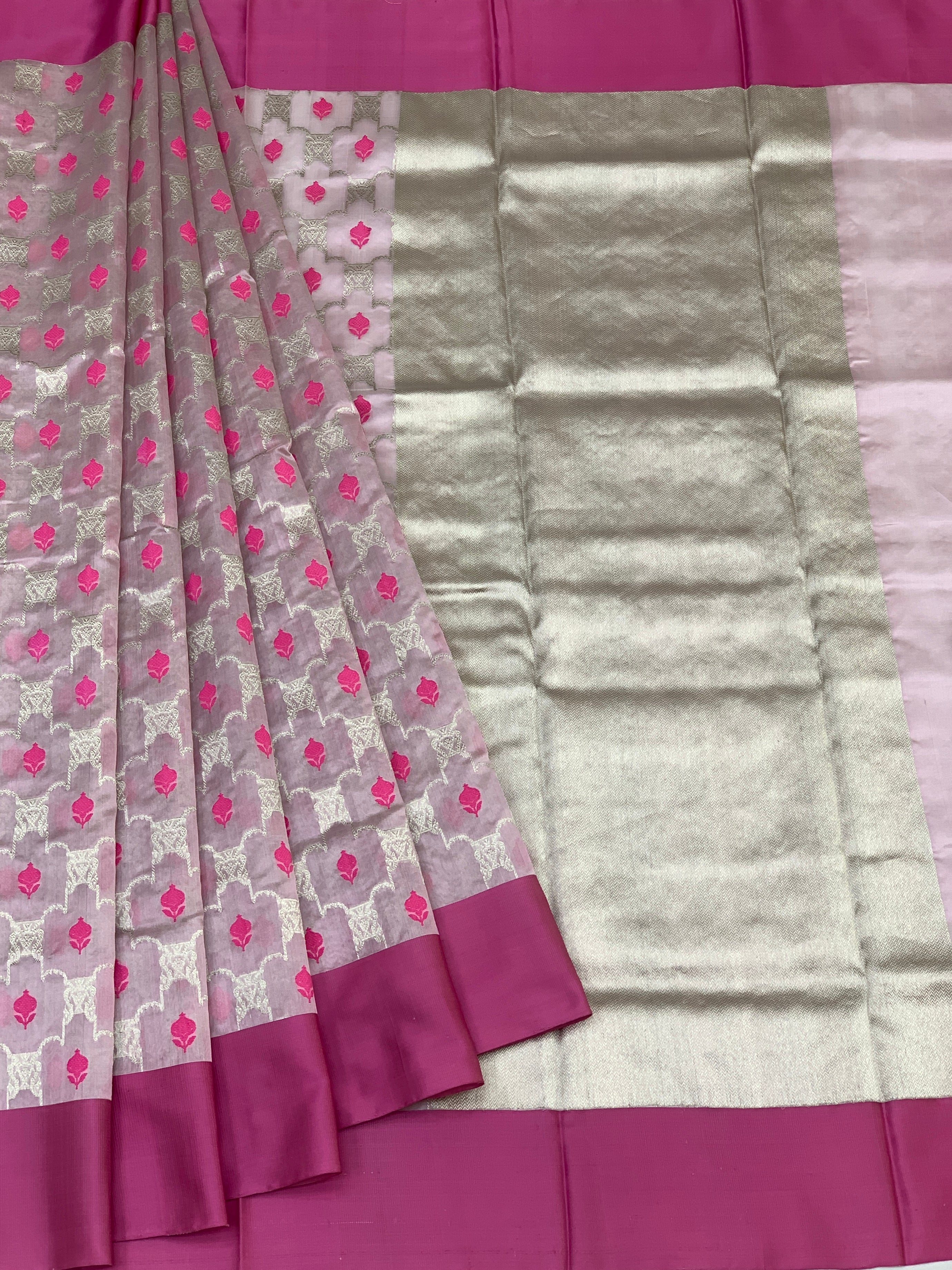Handwoven Chanderi Silk Saree in Soft Blush and Magenta