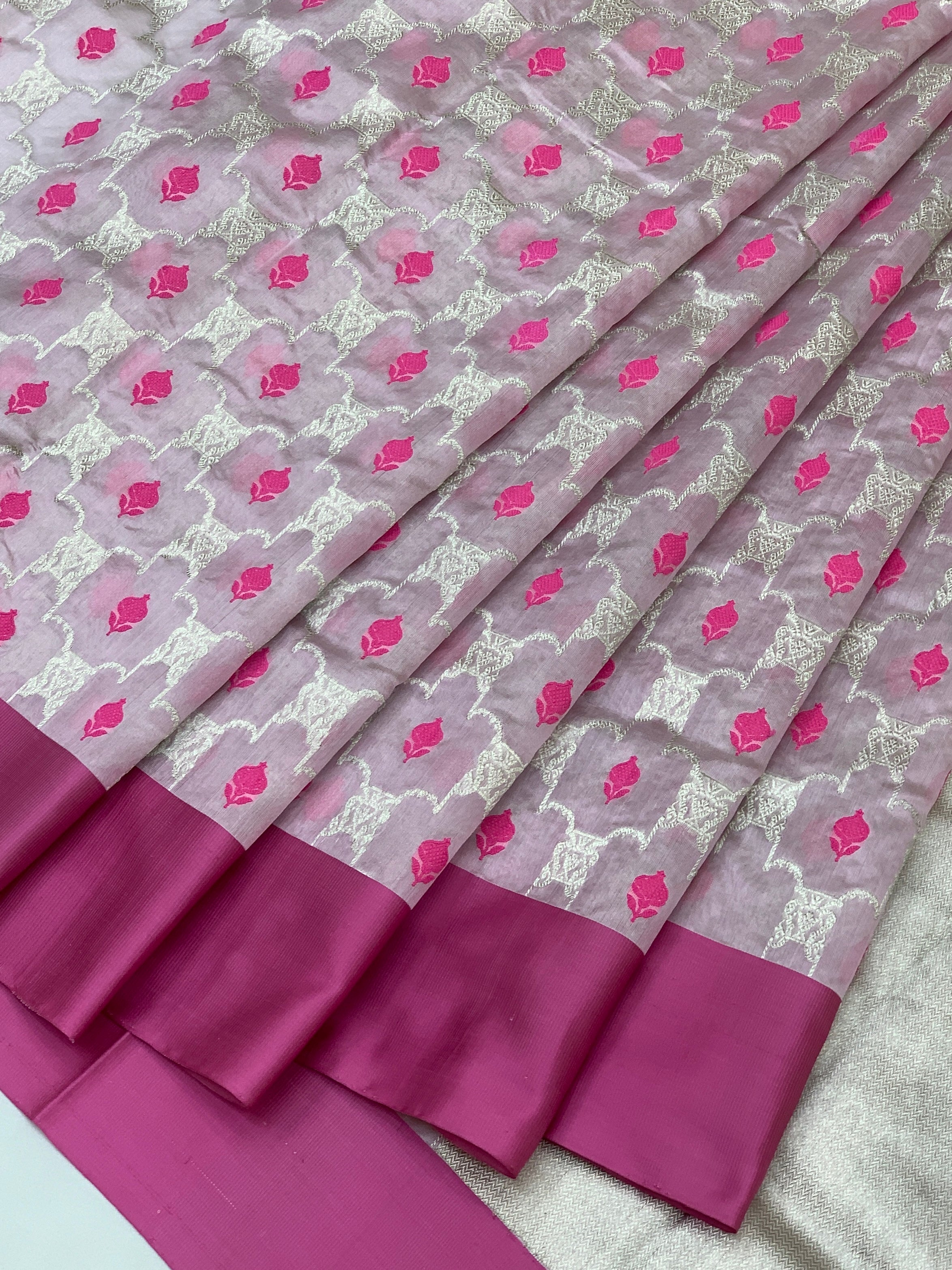 Handwoven Chanderi Silk Saree in Soft Blush and Magenta