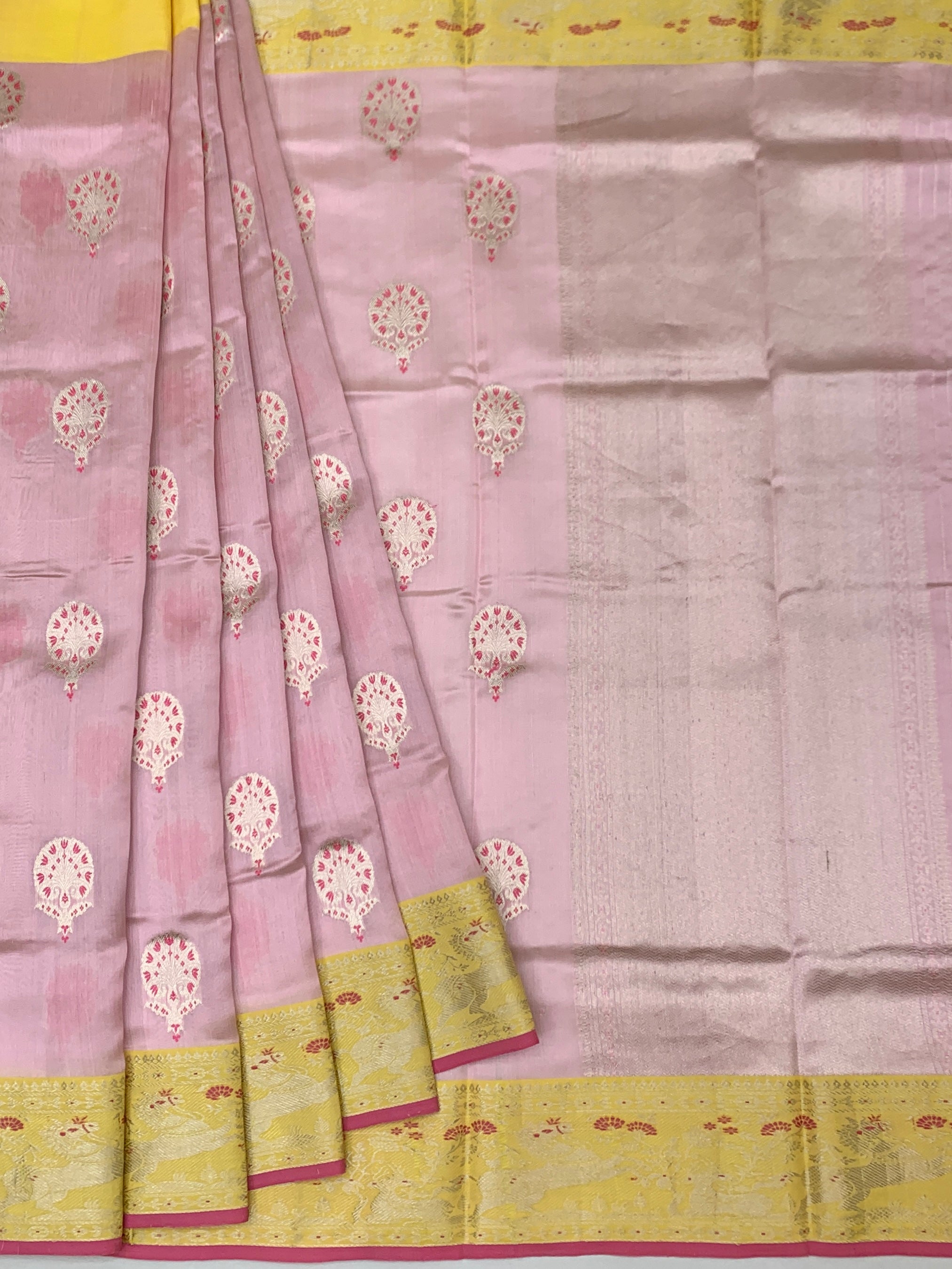 Elegant Chanderi Silk Saree in Pastel Pink & Canary Yellow