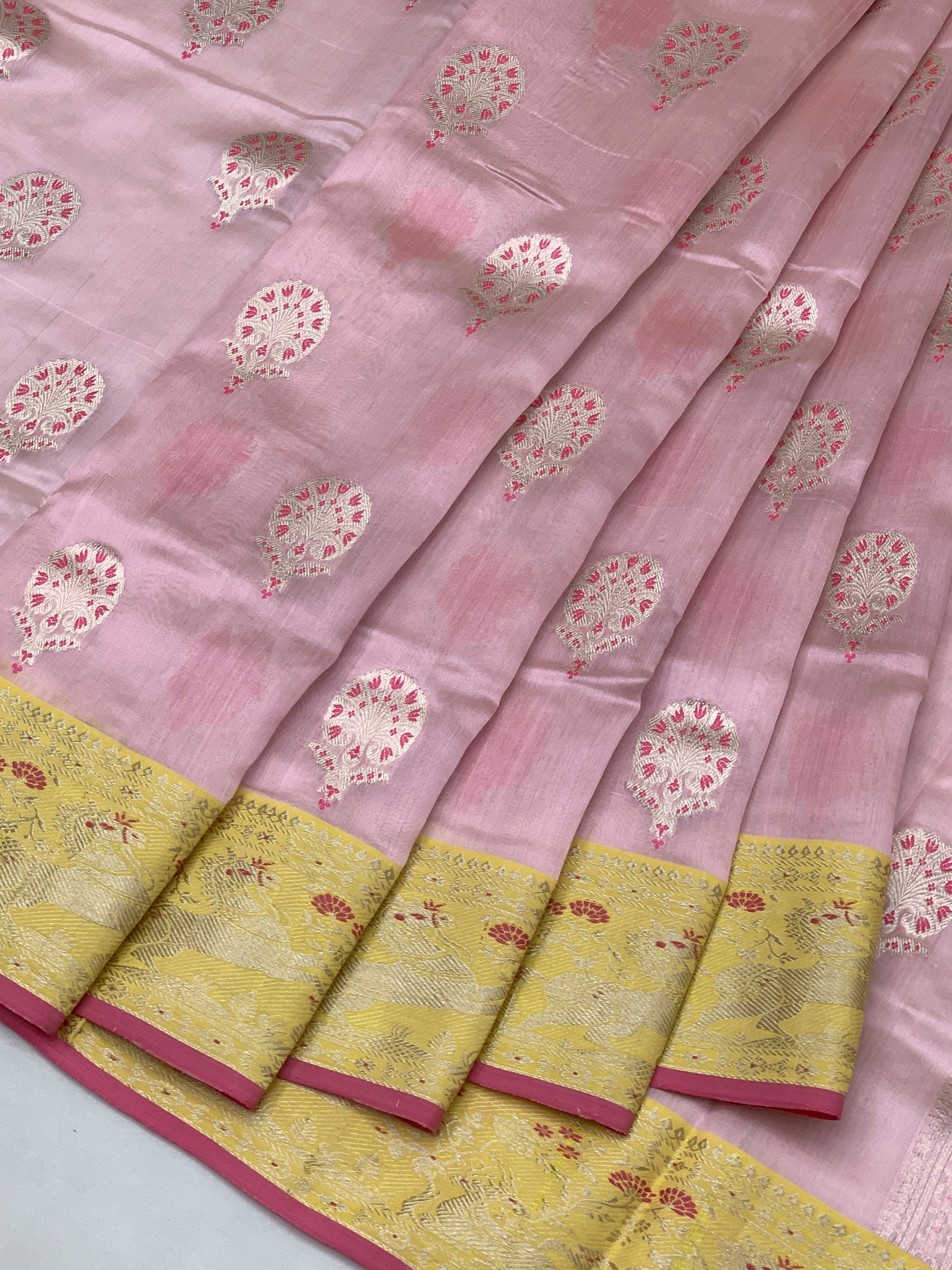 Elegant Chanderi Silk Saree in Pastel Pink & Canary Yellow
