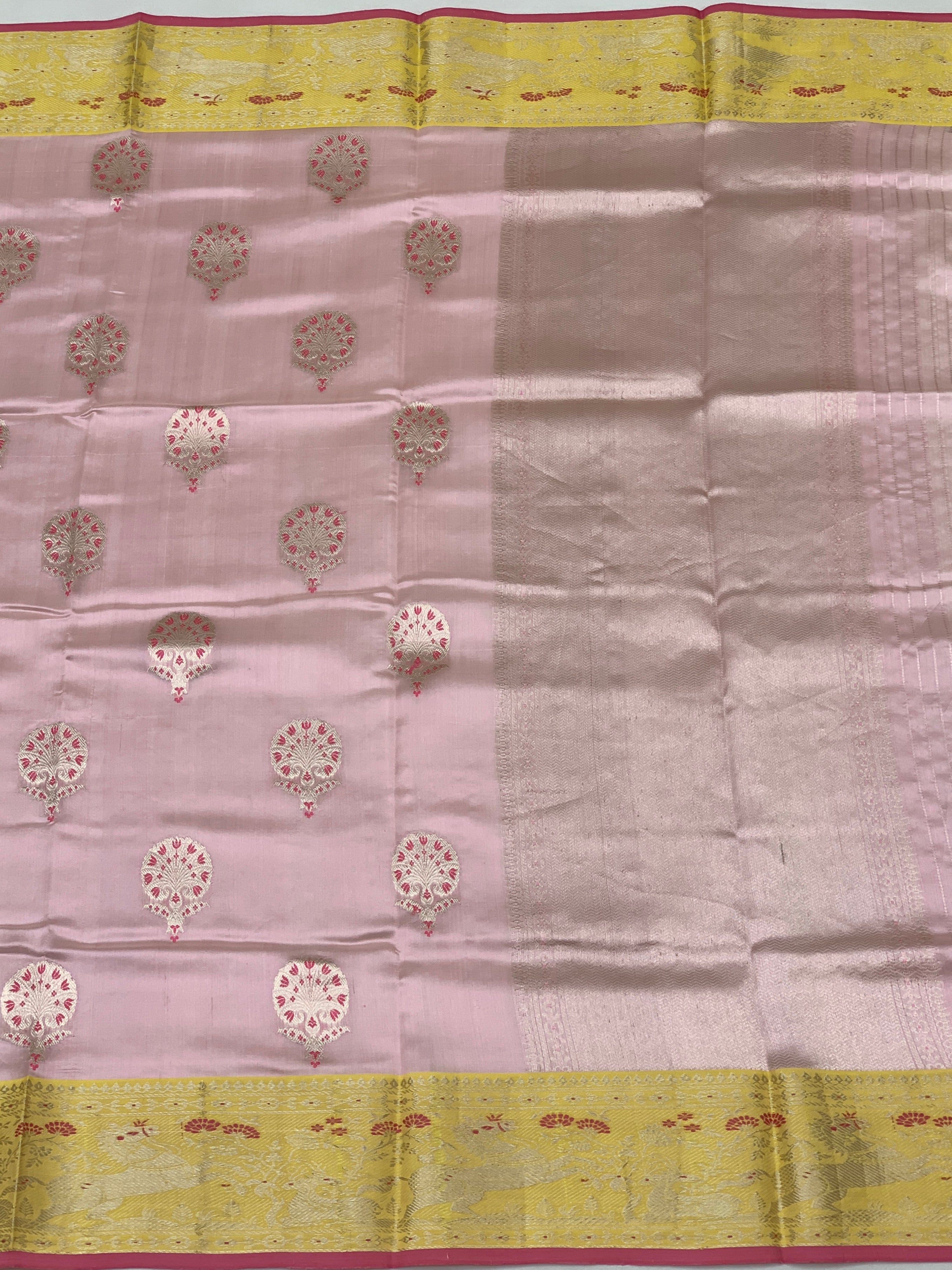 Elegant Chanderi Silk Saree in Pastel Pink & Canary Yellow