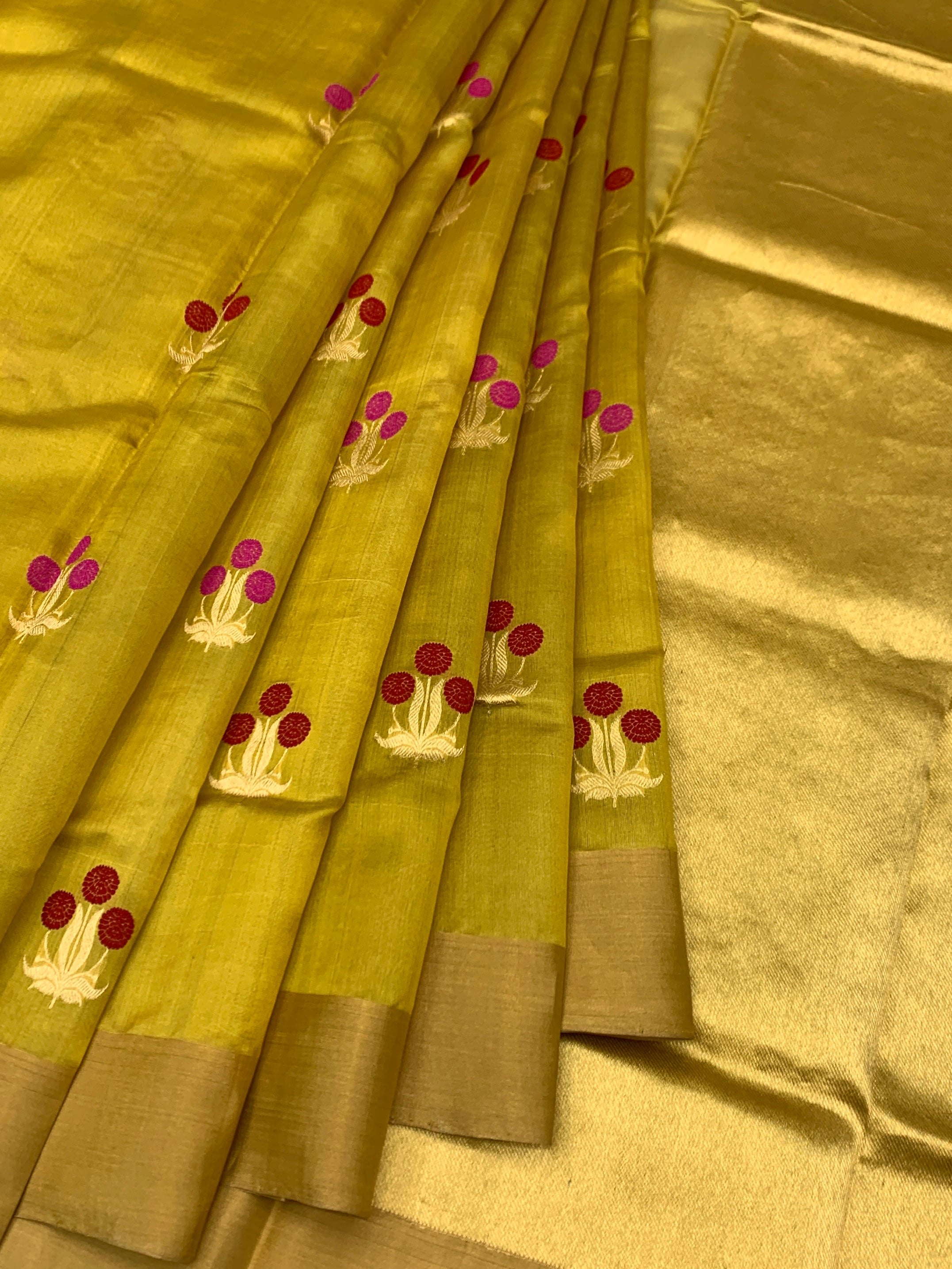 Mustard Chanderi Silk Saree with Floral Butas