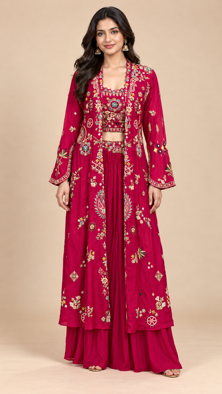Rani Pink Silk Jacket Set with Floral & Paisley Detailing