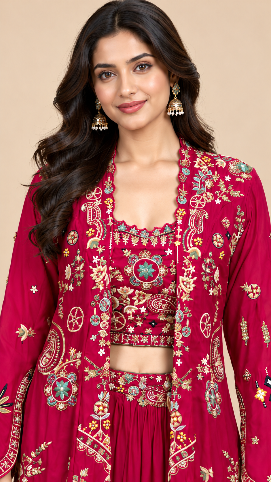 Rani Pink Silk Jacket Set with Floral & Paisley Detailing
