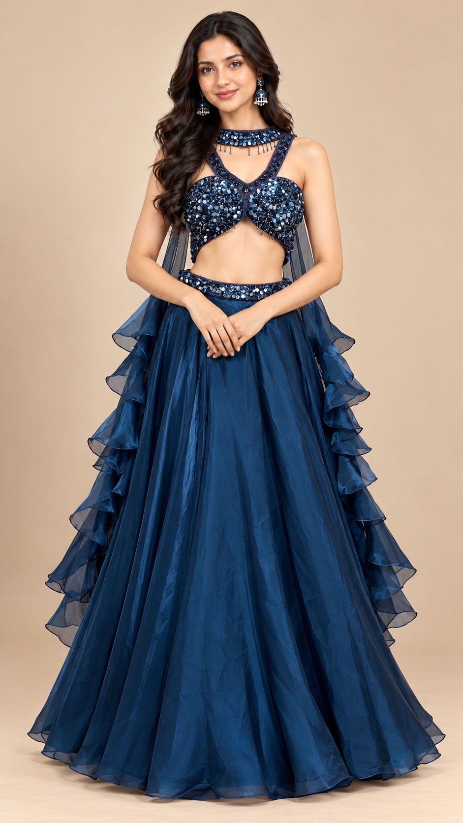 Navy Blue Embellished Glass Organza Lehenga
