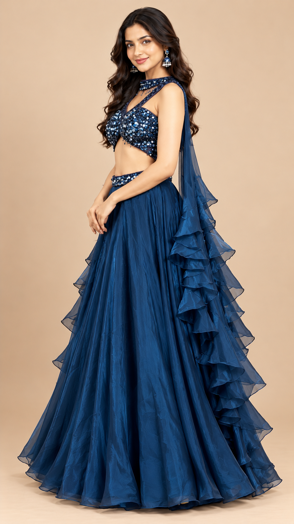 Navy Blue Embellished Glass Organza Lehenga