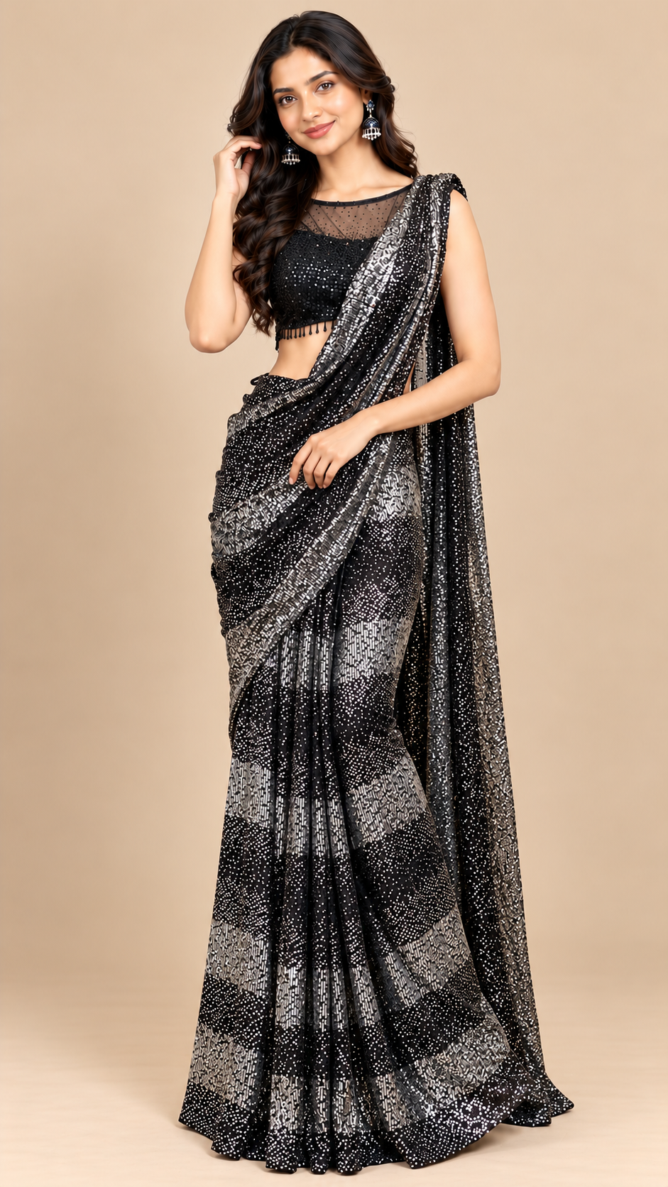 Black & Silver Embellished Georgette Ready-to-Wear Saree