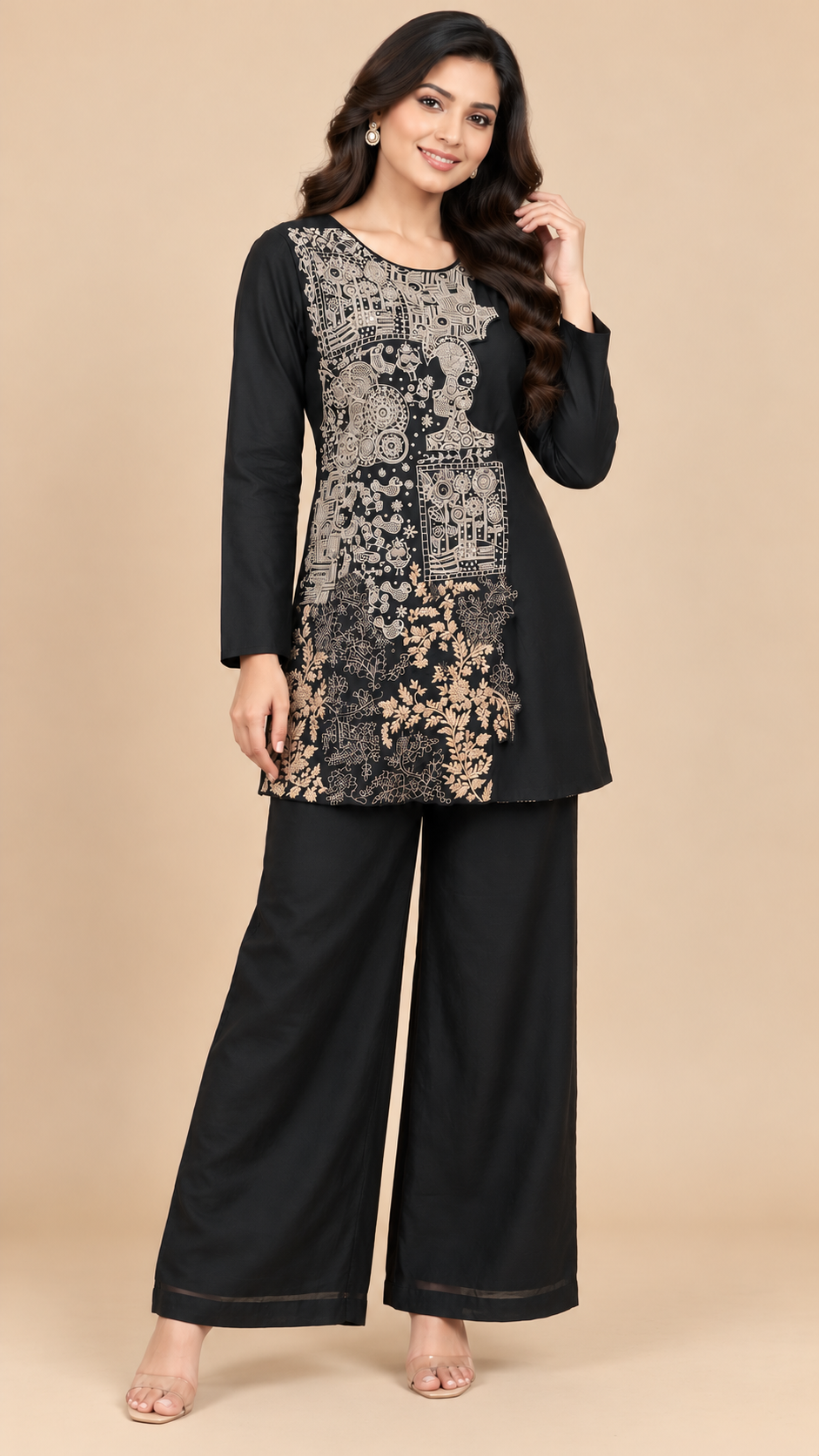 Black Raw Silk Co-ord Set with Beige Motif Detailing