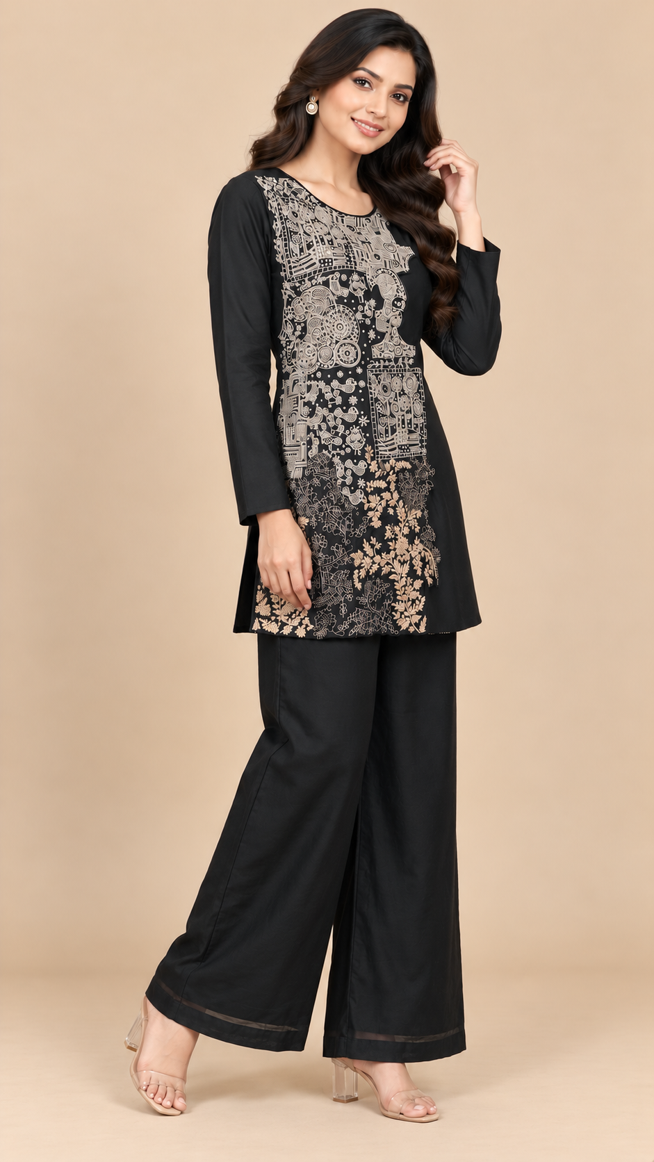 Black Raw Silk Co-ord Set with Beige Motif Detailing