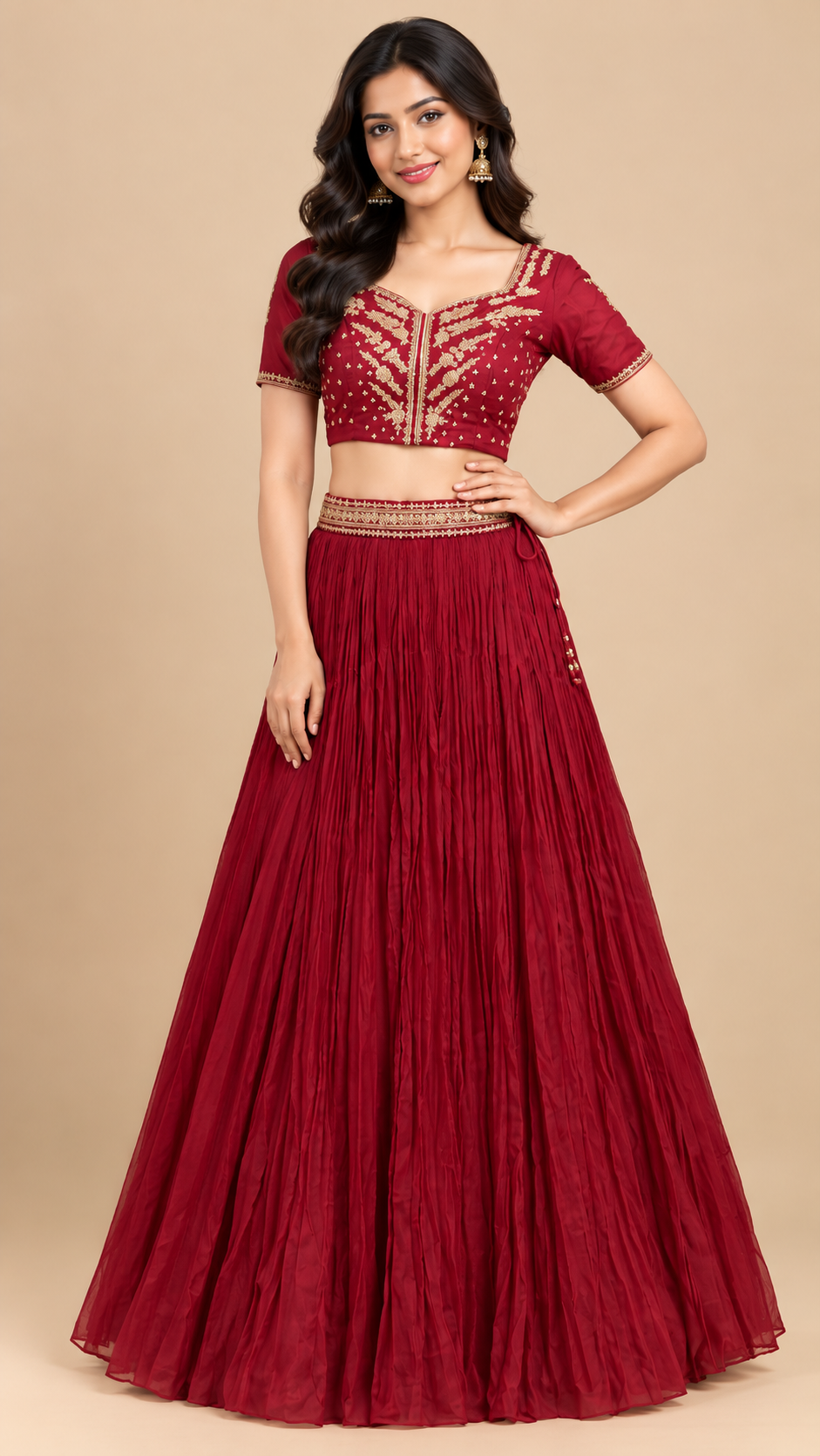 Wine Red Embroidered Georgette Lehenga Set with Dupatta