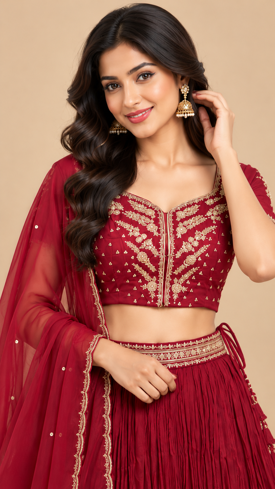 Wine Red Embroidered Georgette Lehenga Set with Dupatta
