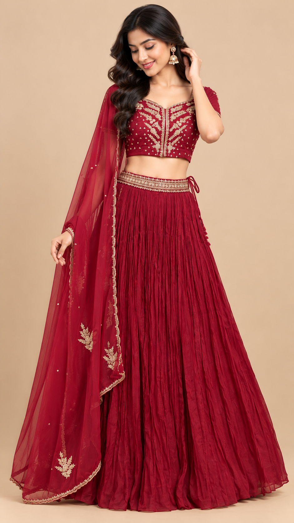 Wine Red Embroidered Georgette Lehenga Set with Dupatta