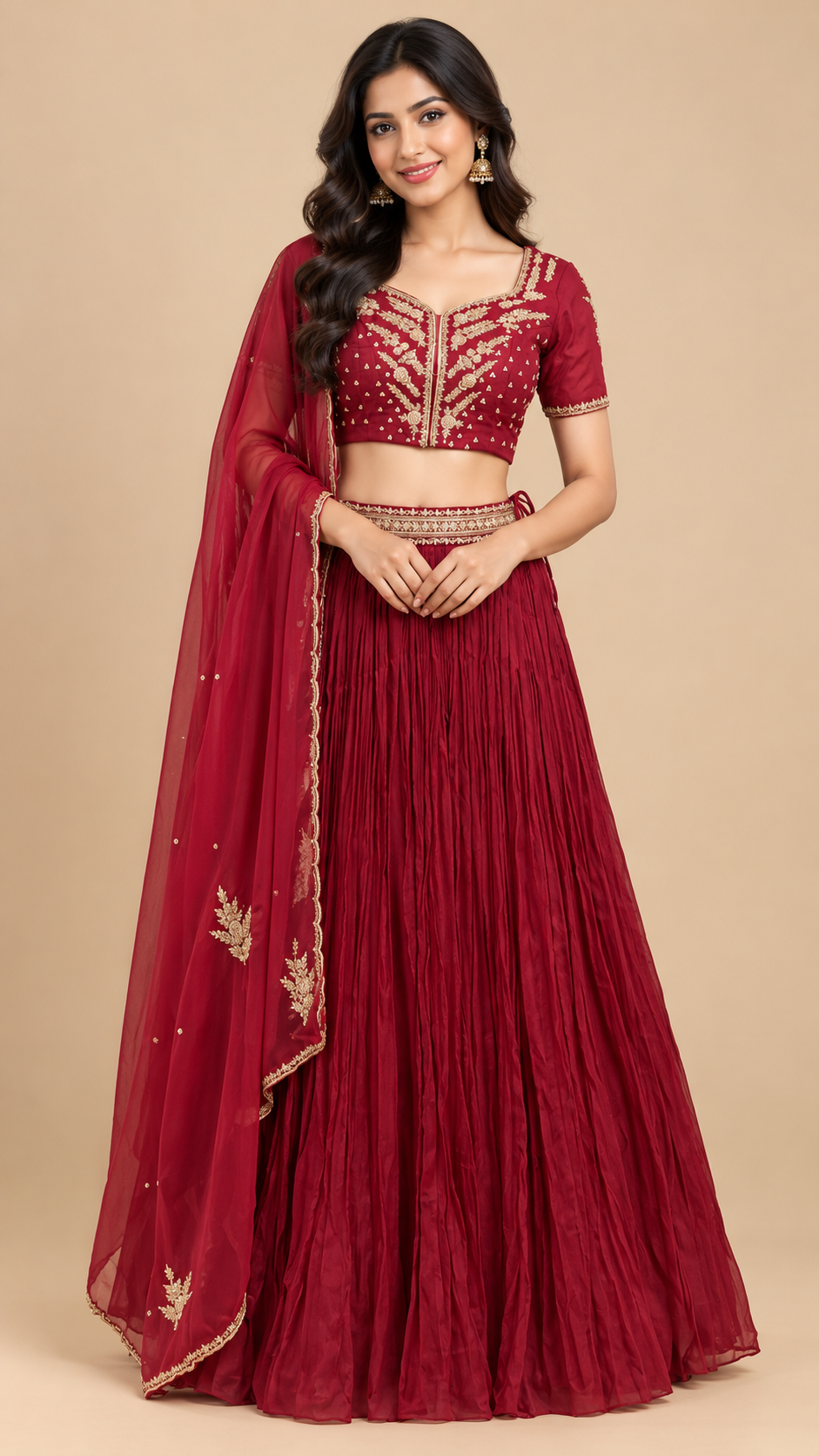 Wine Red Embroidered Georgette Lehenga Set with Dupatta