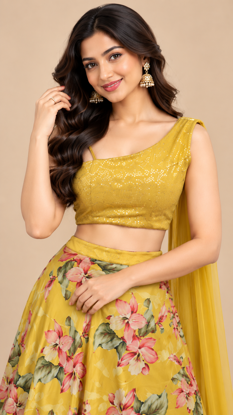 Mustard Yellow Floral Printed Silk Lehenga Set with Sequin Work Blouse