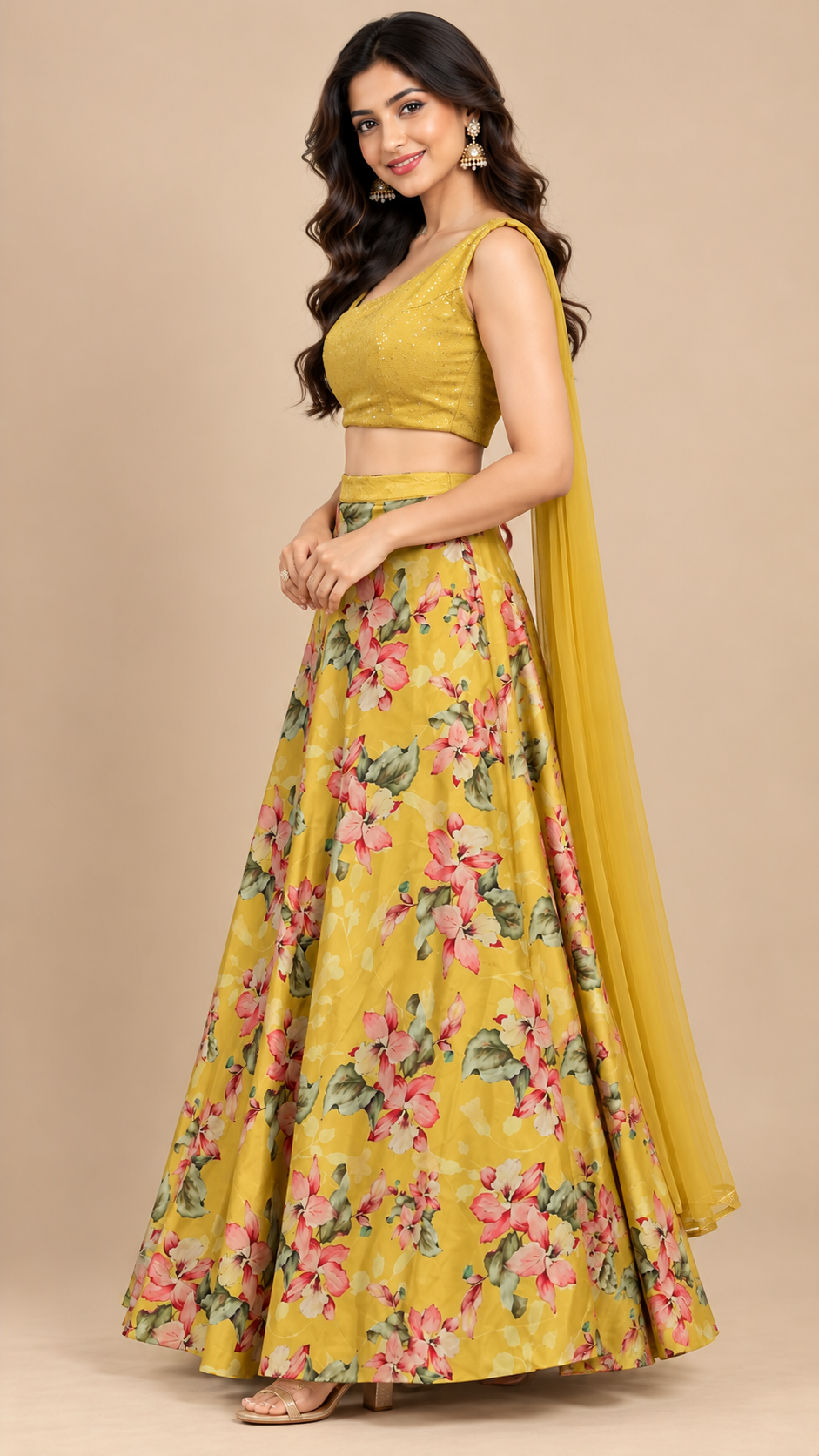 Mustard Yellow Floral Printed Silk Lehenga Set with Sequin Work Blouse