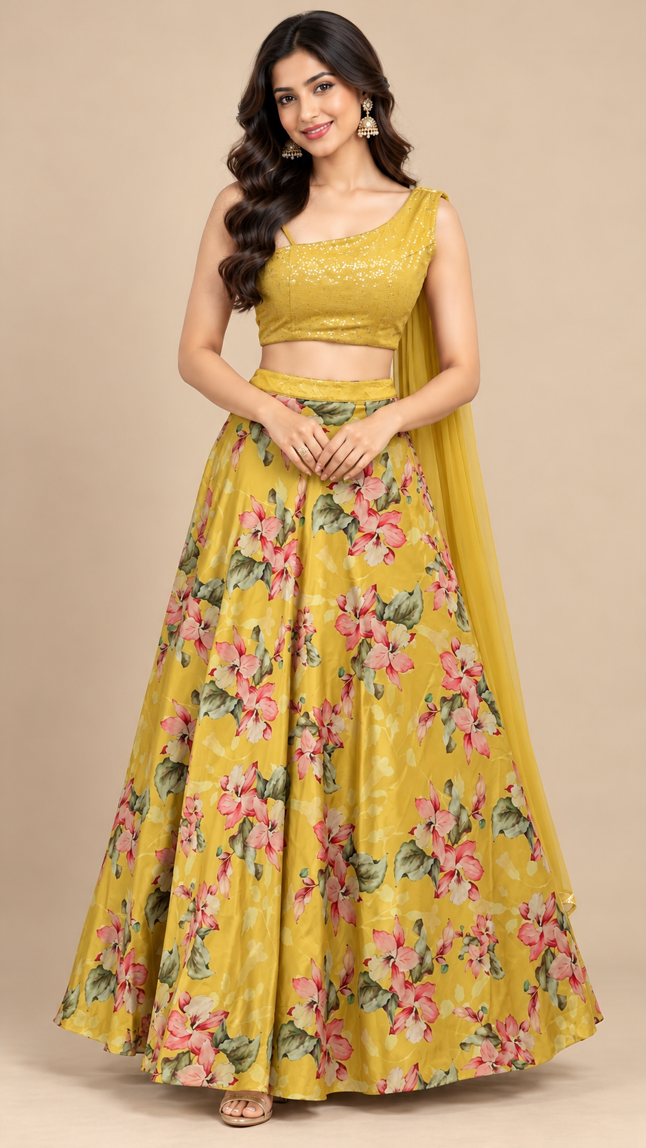 Mustard Yellow Floral Printed Silk Lehenga Set with Sequin Work Blouse