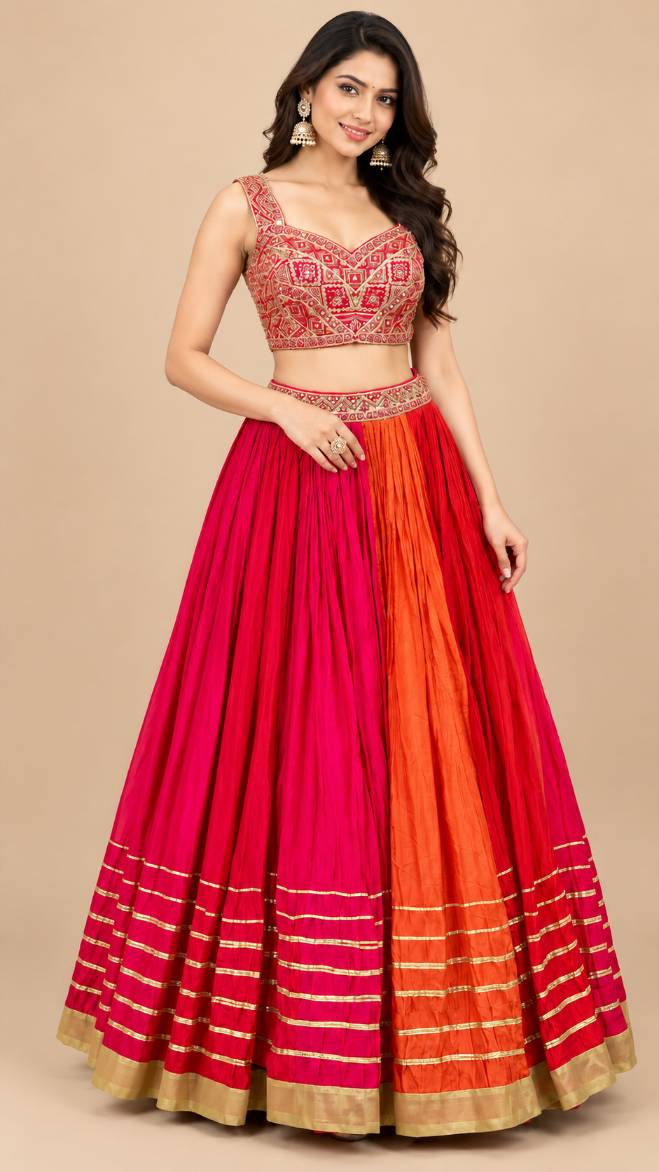 Rani Pink & Orange Silk Lehenga Set with Embroidered Blouse and Dupatta