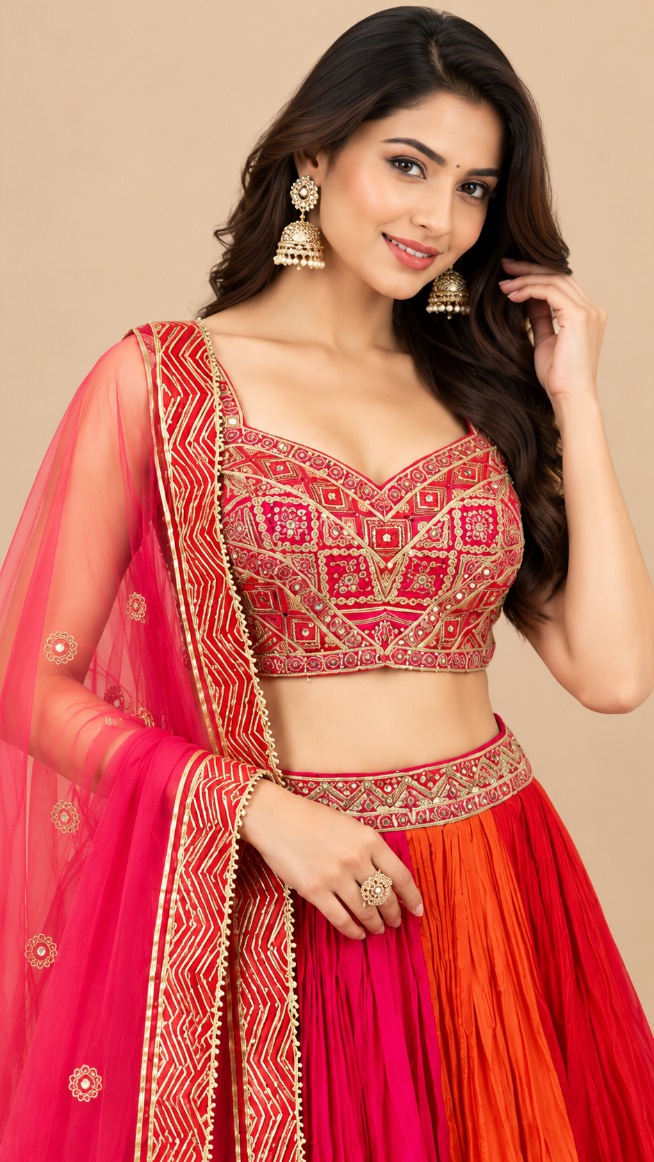 Rani Pink & Orange Silk Lehenga Set with Embroidered Blouse and Dupatta