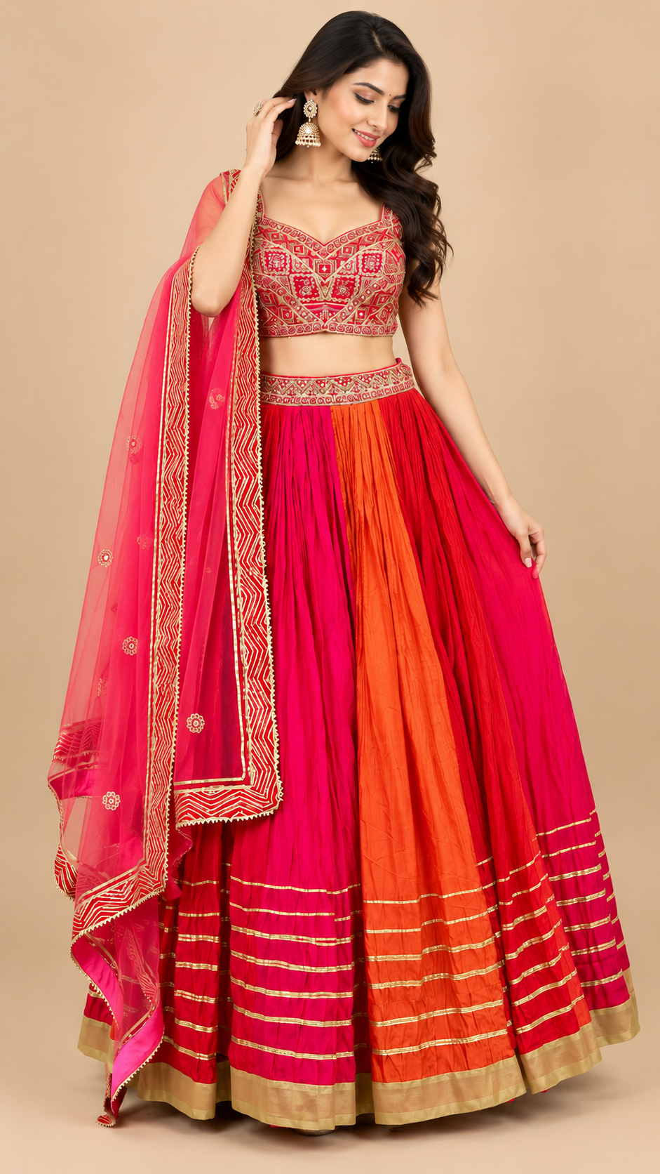 Rani Pink & Orange Silk Lehenga Set with Embroidered Blouse and Dupatta