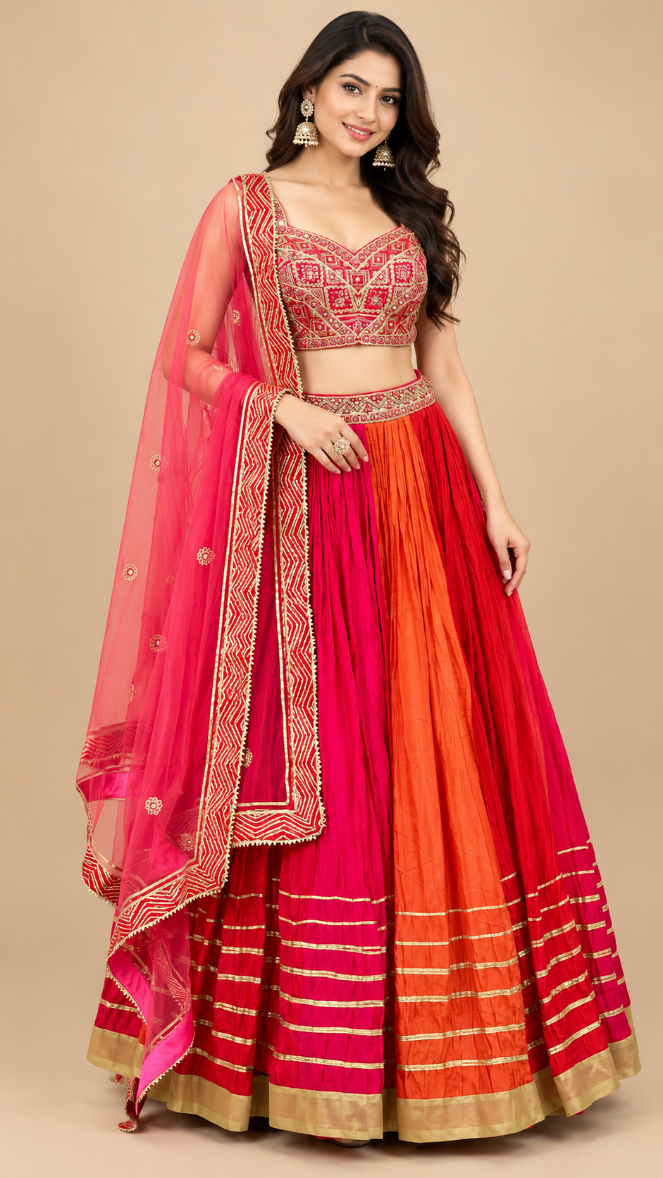 Rani Pink & Orange Silk Lehenga Set with Embroidered Blouse and Dupatta