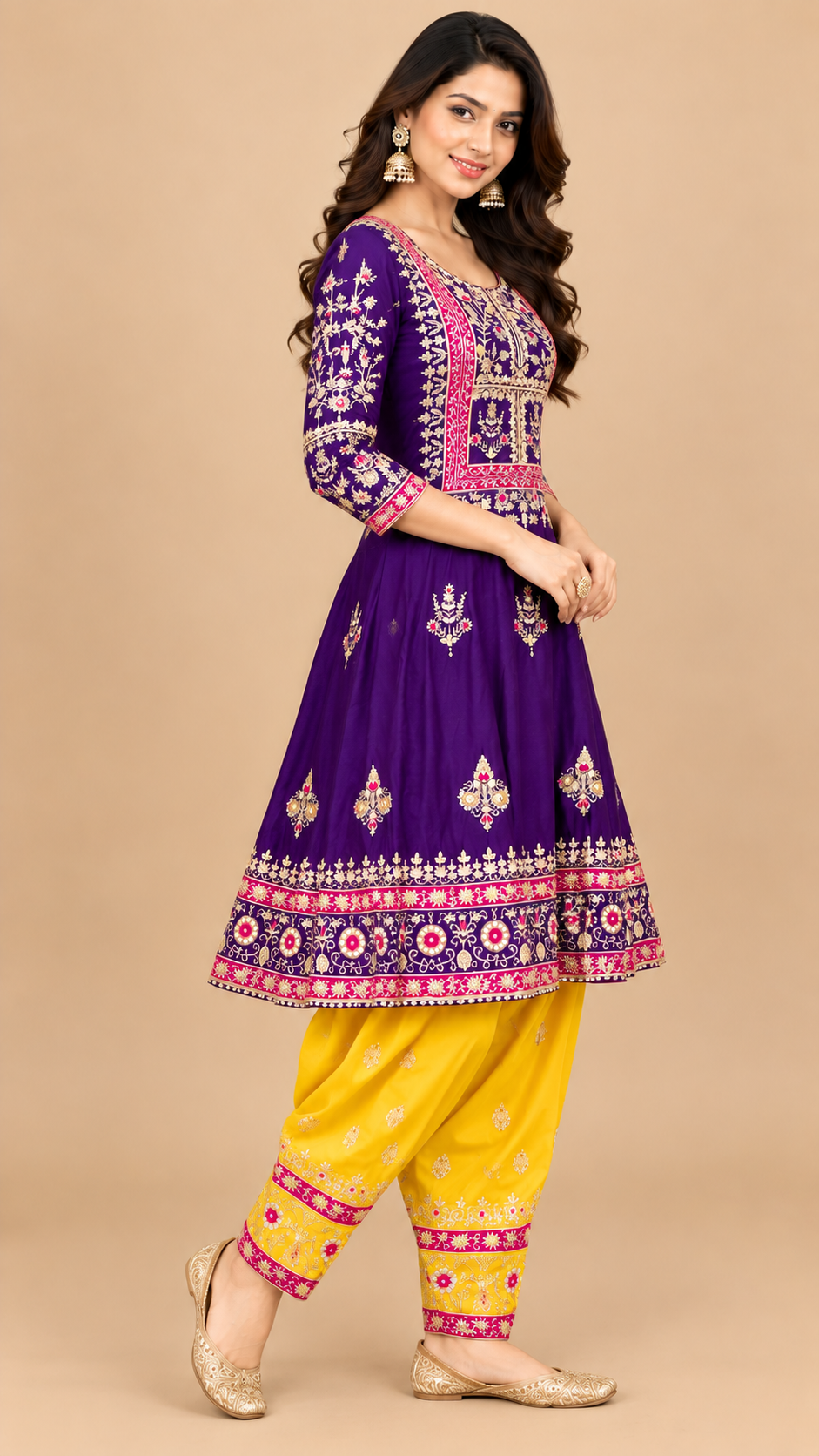 Royal Purple Silk Embroidered Anarkali Kurta Set with Yellow Salwar & Multicolor Dupatta