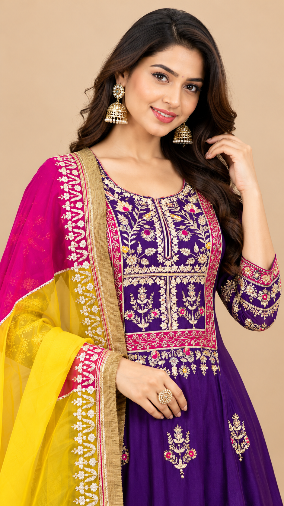 Royal Purple Silk Embroidered Anarkali Kurta Set with Yellow Salwar & Multicolor Dupatta