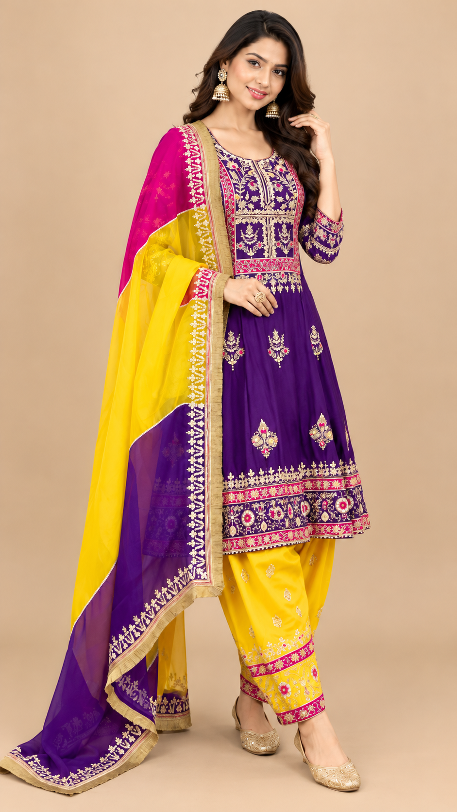 Royal Purple Silk Embroidered Anarkali Kurta Set with Yellow Salwar & Multicolor Dupatta