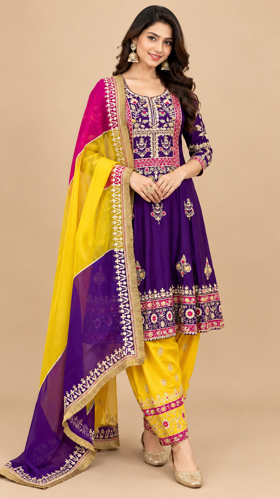 Royal Purple Silk Embroidered Anarkali Kurta Set with Yellow Salwar & Multicolor Dupatta