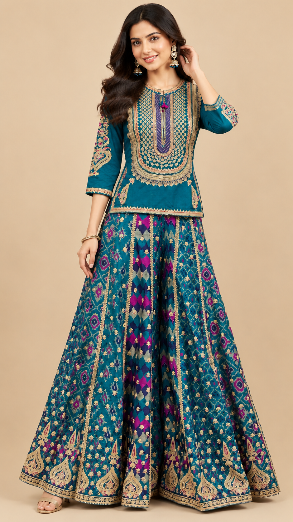 Teal Blue Silk Embroidered Sharara Set with Dupatta