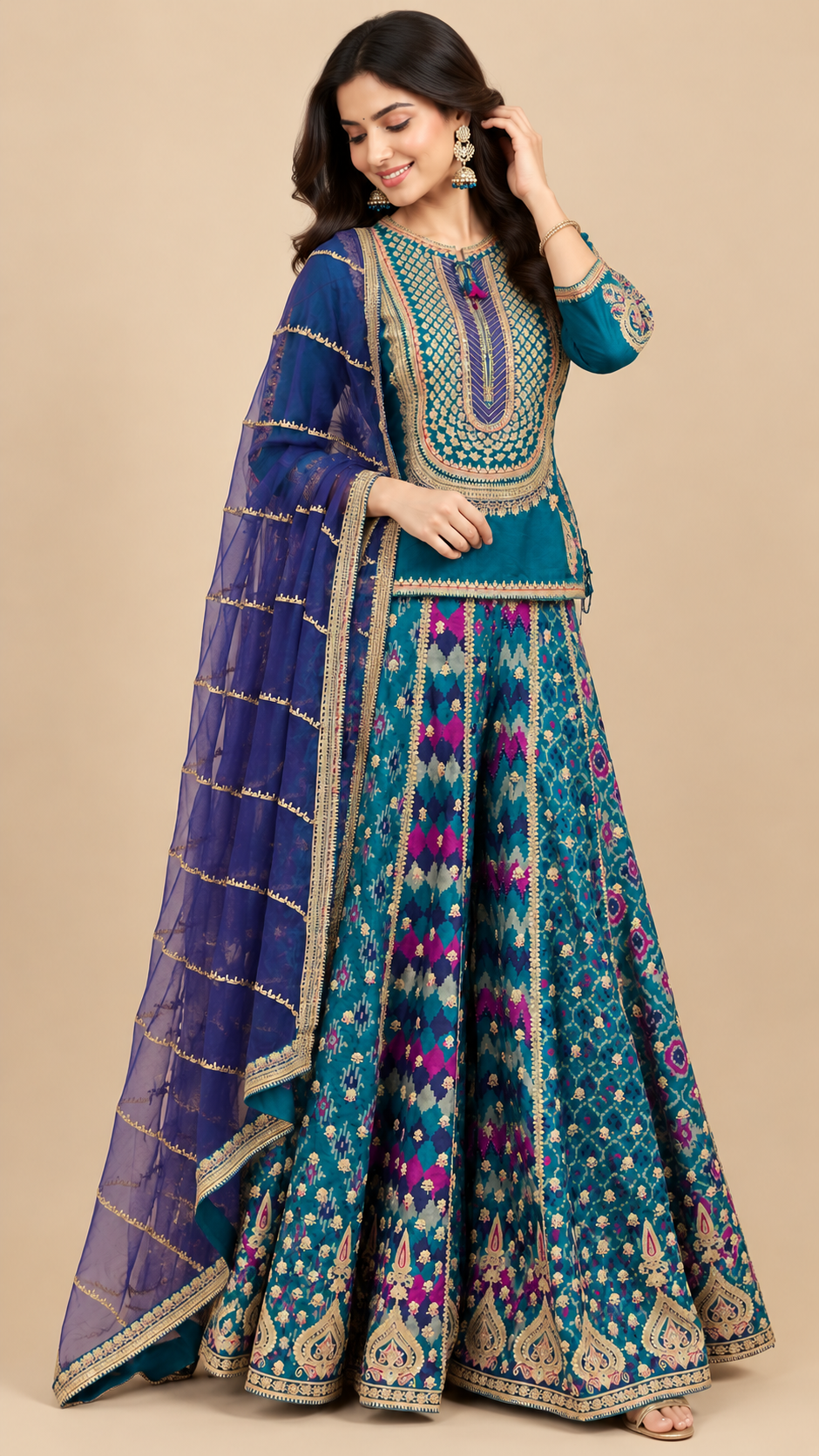 Teal Blue Silk Embroidered Sharara Set with Dupatta