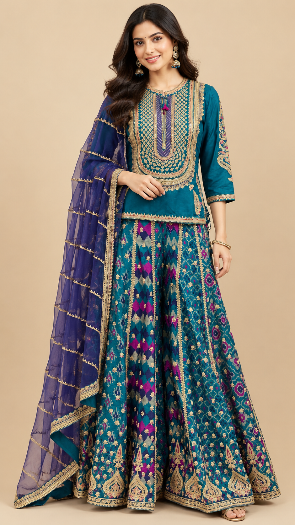 Teal Blue Silk Embroidered Sharara Set with Dupatta