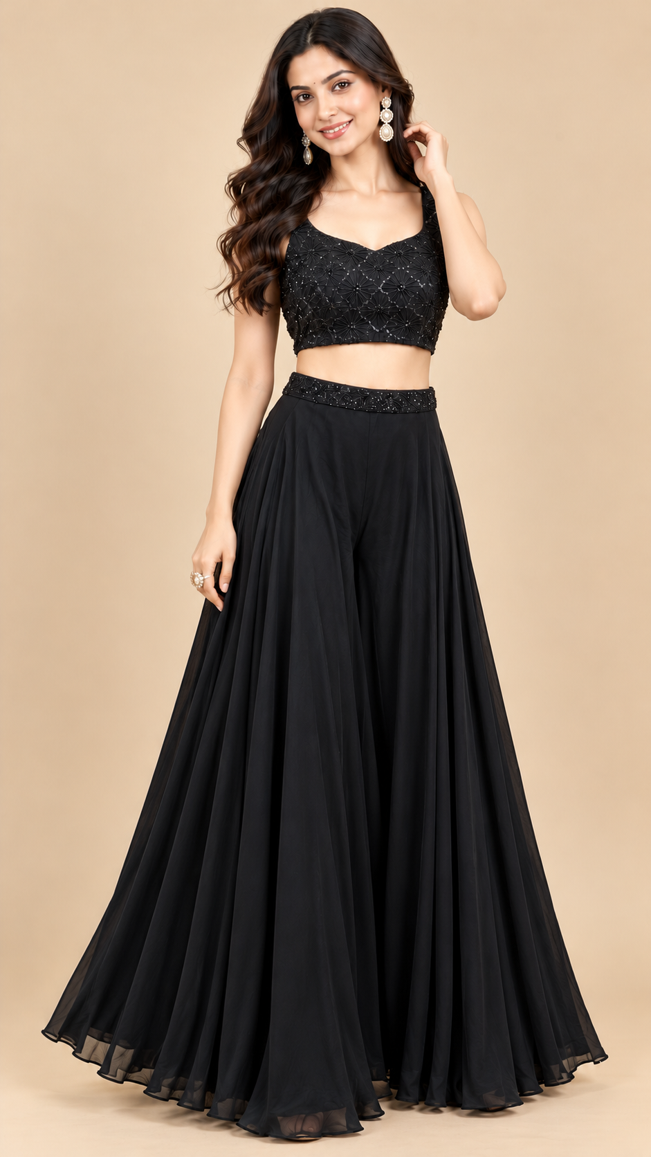 Elegant Black Organza Embroidered Jacket Style Dress Set