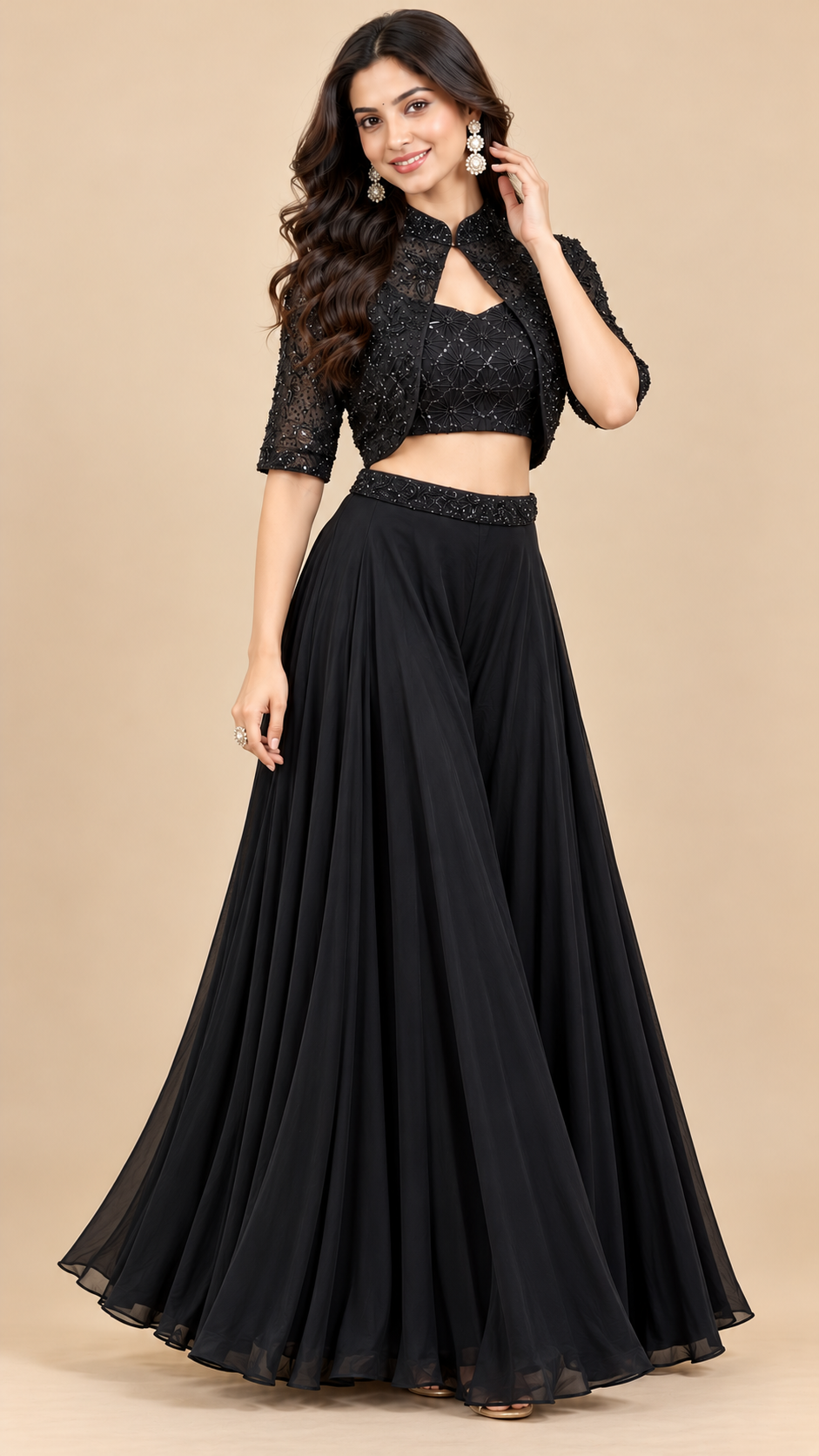 Elegant Black Organza Embroidered Jacket Style Dress Set